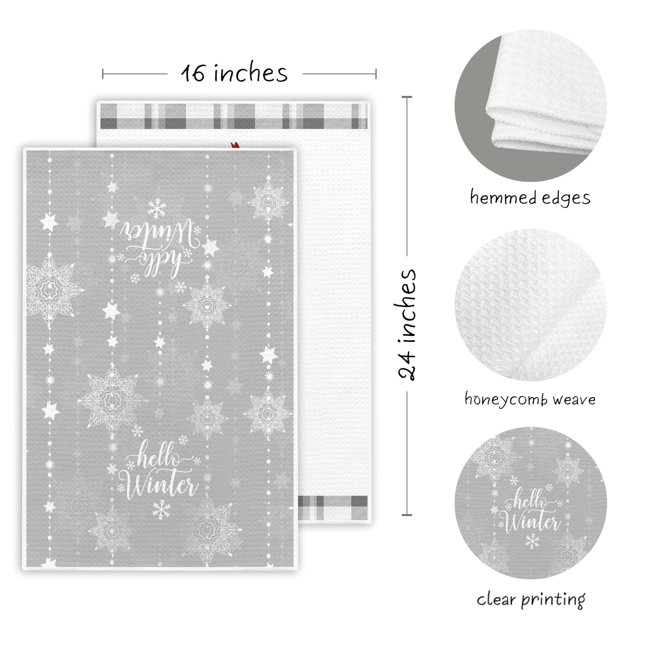 EJGFS Winter Decorative Kitchen Towels Set of 2, ‘Hello Winter’ Dish Towels, Winter Decorations, Christmas Ornaments, Hand Towels, 16x24 Inches, for Family, Friends, etc.(033) 4