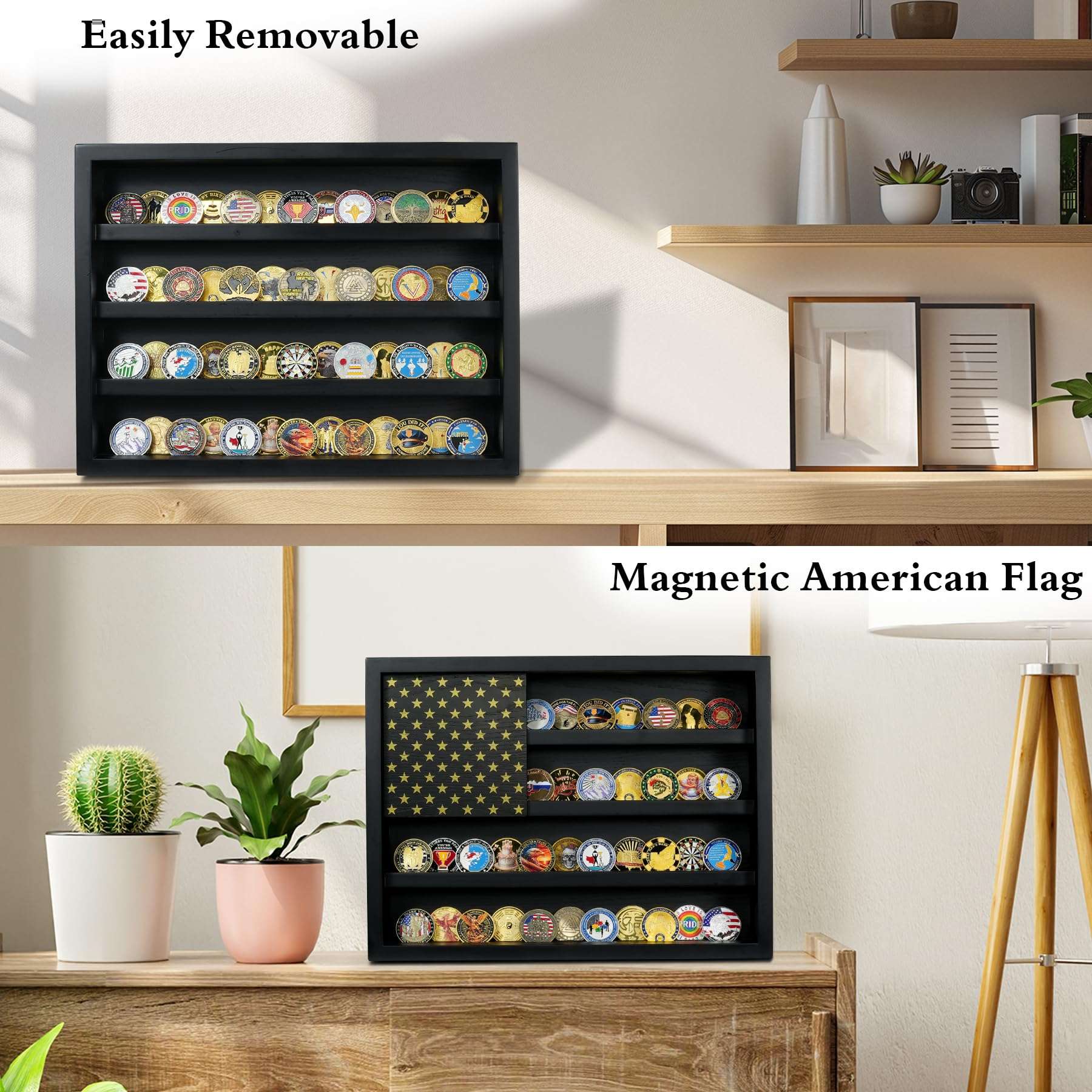 ASmileIndeep Challenge Coin Display Case, 4 Rows Military Coin Holder Display with 2 Groove Shelves Holds 64-73 Coins, Wooden Wall Mounted Coin Display Stand With Magnetic American Flag, Black 5