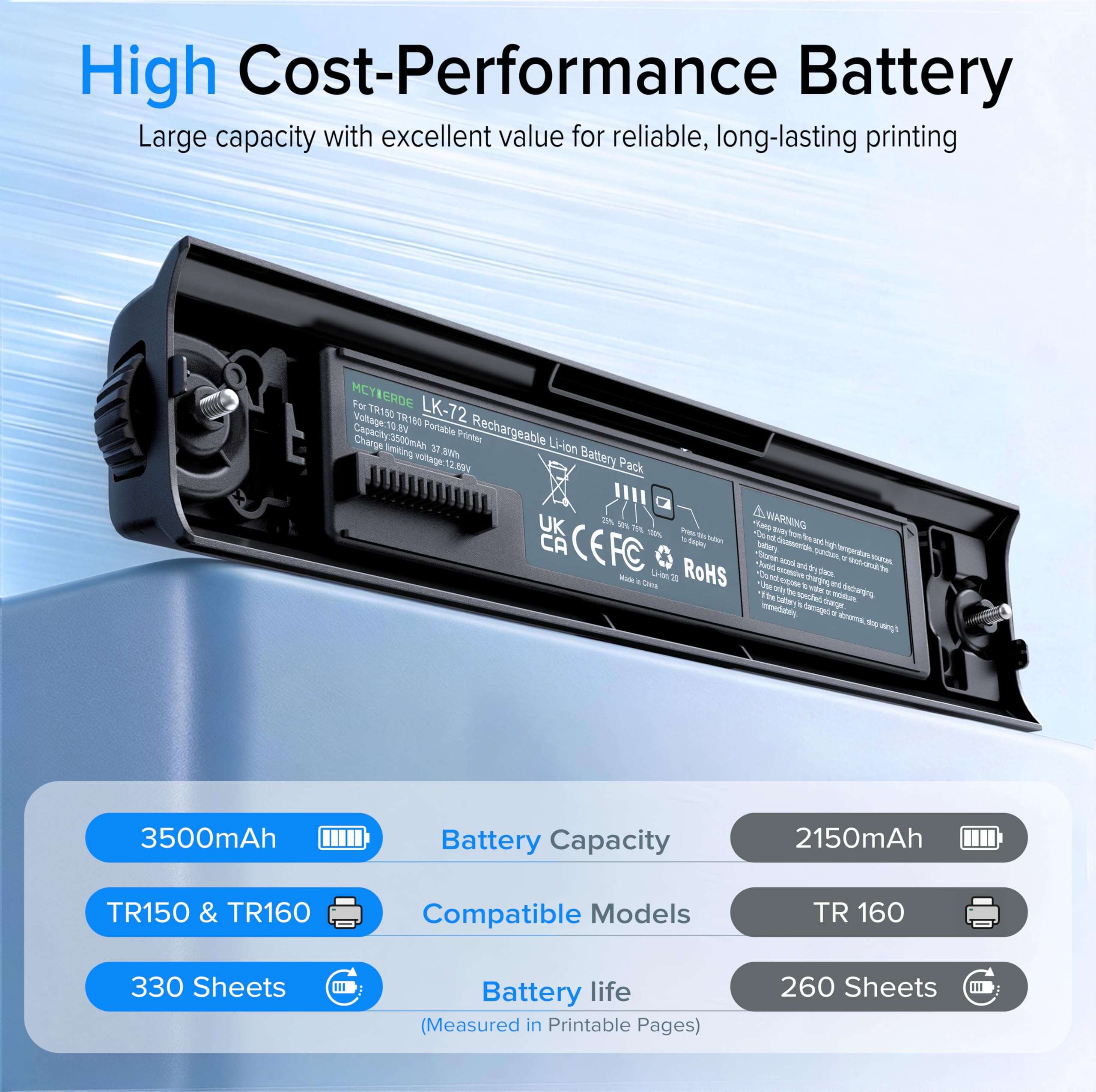 MCYIERDE LK-72 Replacement Battery with Battery Cover, for TR150/TR160, Rechargeable 10.8V 3500mAh Portable Printer Power Pack 3