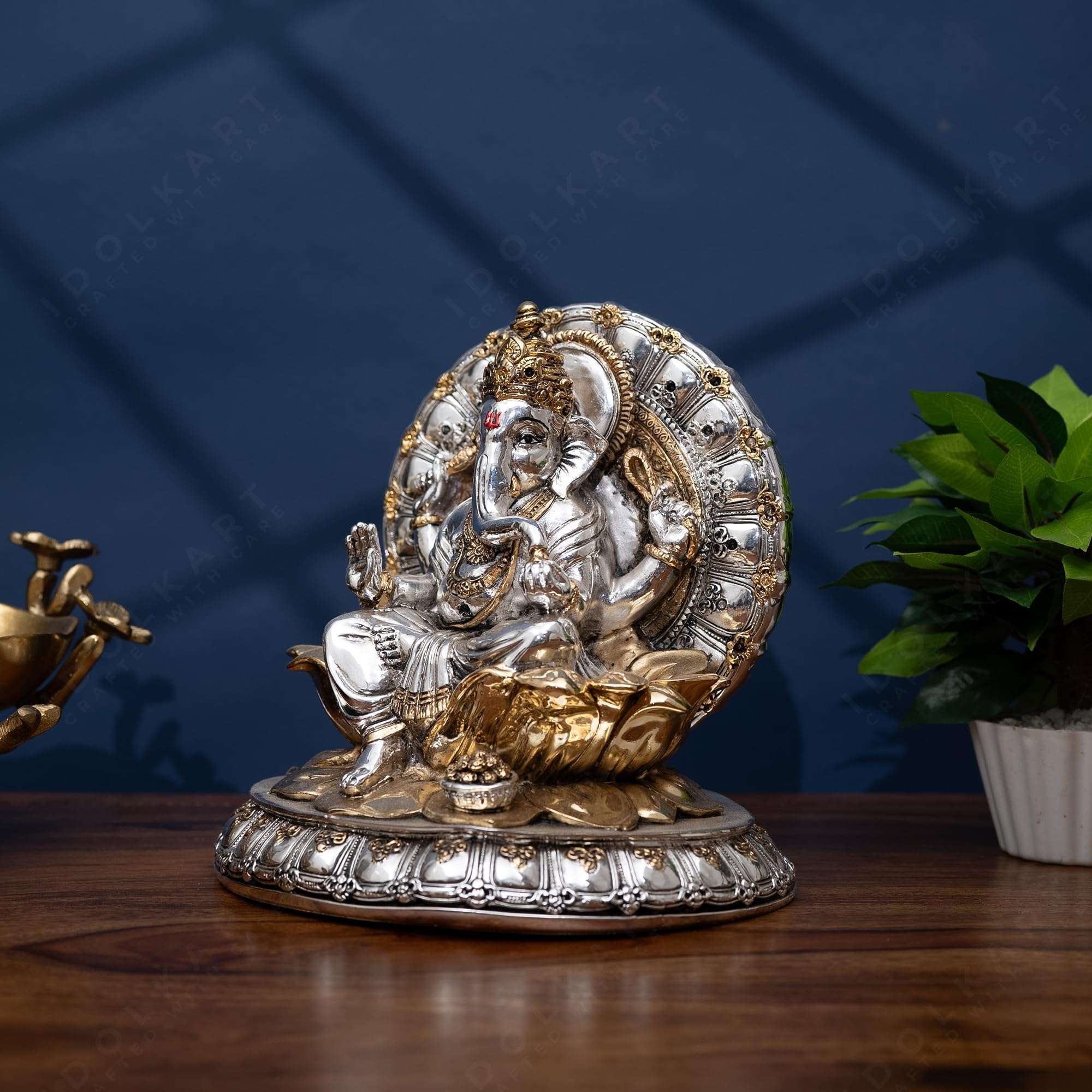 Idolkart 24K Pure Gold & 999 Pure Silver Coated Antique Lord Ganesha Idol (22 x 17 x 21.5 cms | Height: 8") Gold & Silver (Standard) 5
