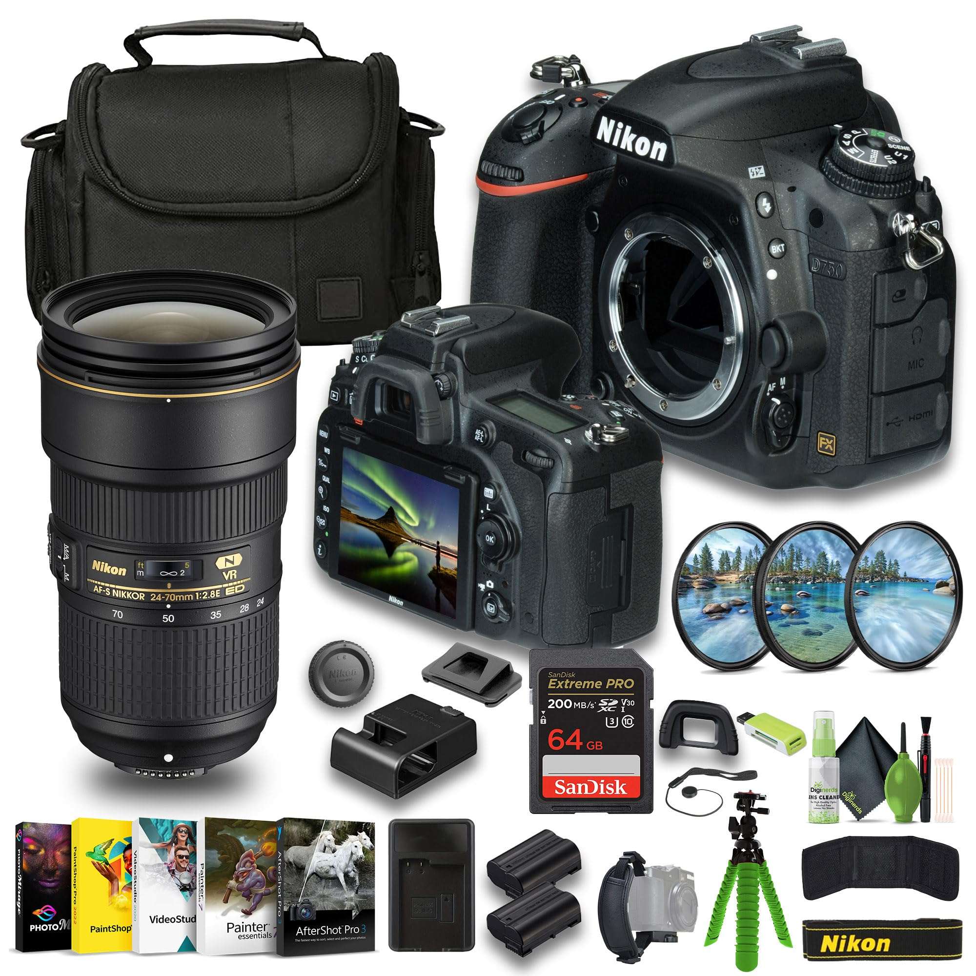 Nikon D750 FX-Format Digital SLR Camera + EN-EL15C Battery + Extreme PRO 64GB Card + 12 Inch Flex Tripod + Photo Editing Software AF-S NIKKOR 24-70mm f/2.8E ED VR Lens + More 1