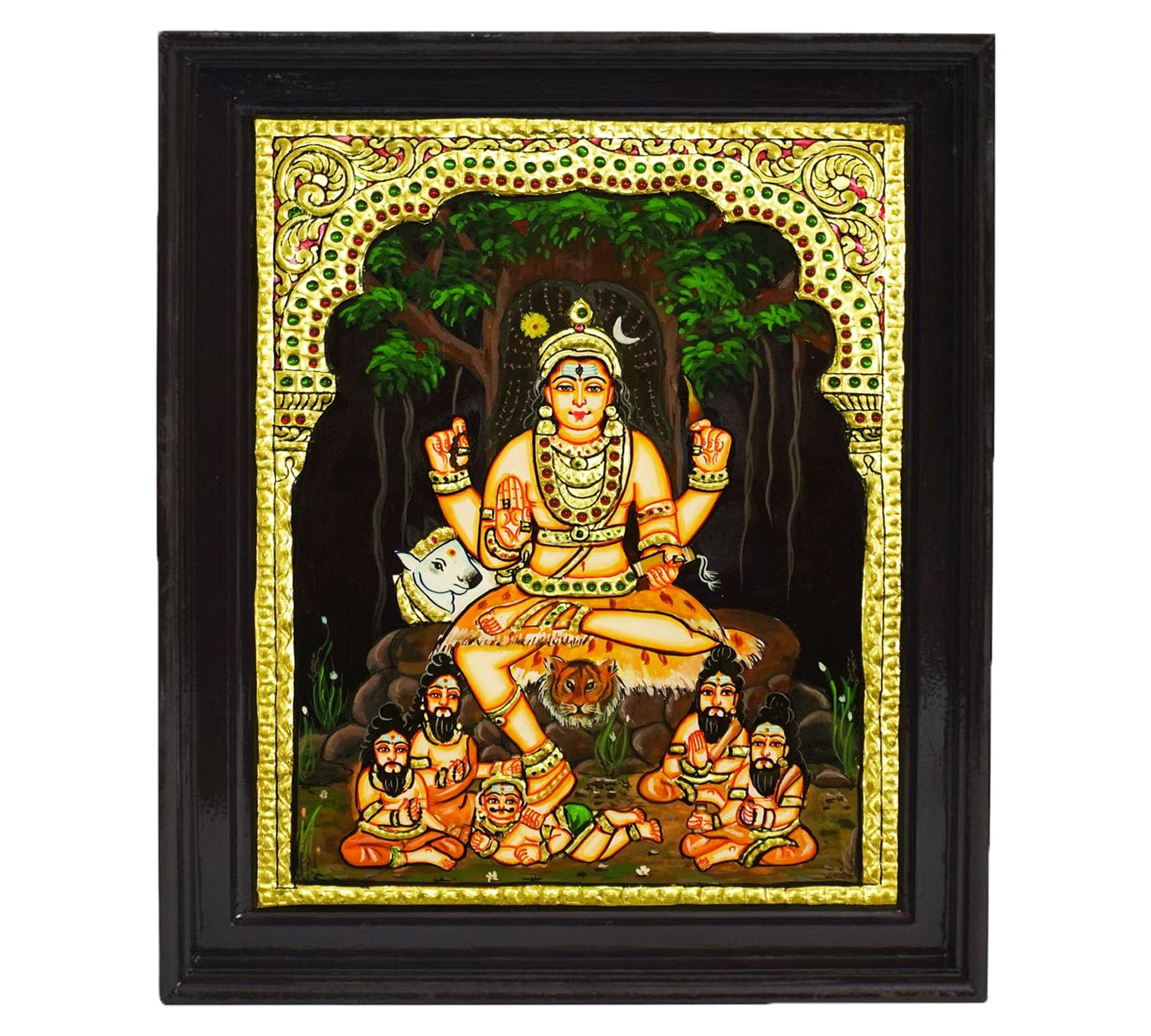 Tarang Arts Dakshinamurthy Sitting Tanjore Paintings with Wooden Frame, Jaipur Stones Handwork Painting, 2D Emboss Design & 22-Carat Gold Foil for Home/Puja/Wall Decor/Gifts (14x12 Inches)