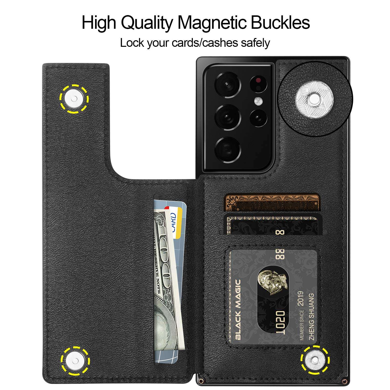 HianDier Compatible with Samsung Galaxy S21 Ultra Wallet Case 5G 6.8 Inch Slim Protective Case Credit Card Slot Holder Flip Folio Soft PU Leather Magnetic Closure Kickstand Square Cover, Black 3