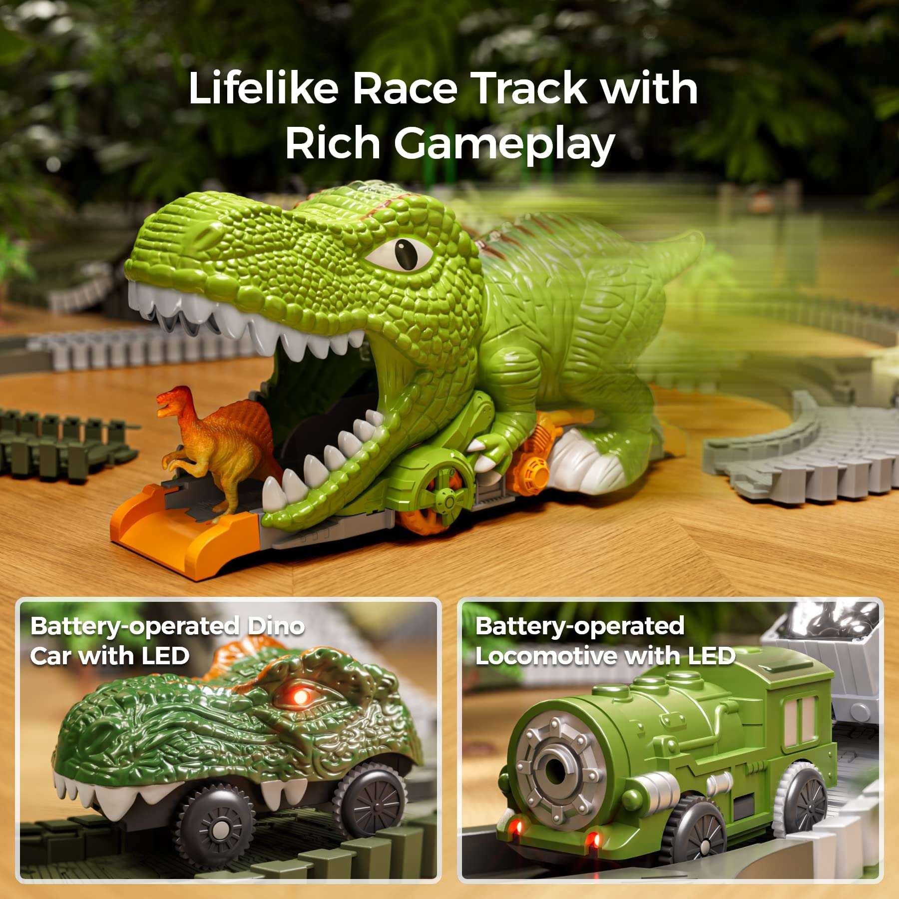 Dinosaur Toy Race Track, 281 Pieces Dinosaur Train Toy for Children 3 4 5 6, Flexible Railway Tracks with 4 Dinosaurs, 2 Electric Racing Cars with Lights - Toddlers Dinosaur World 5