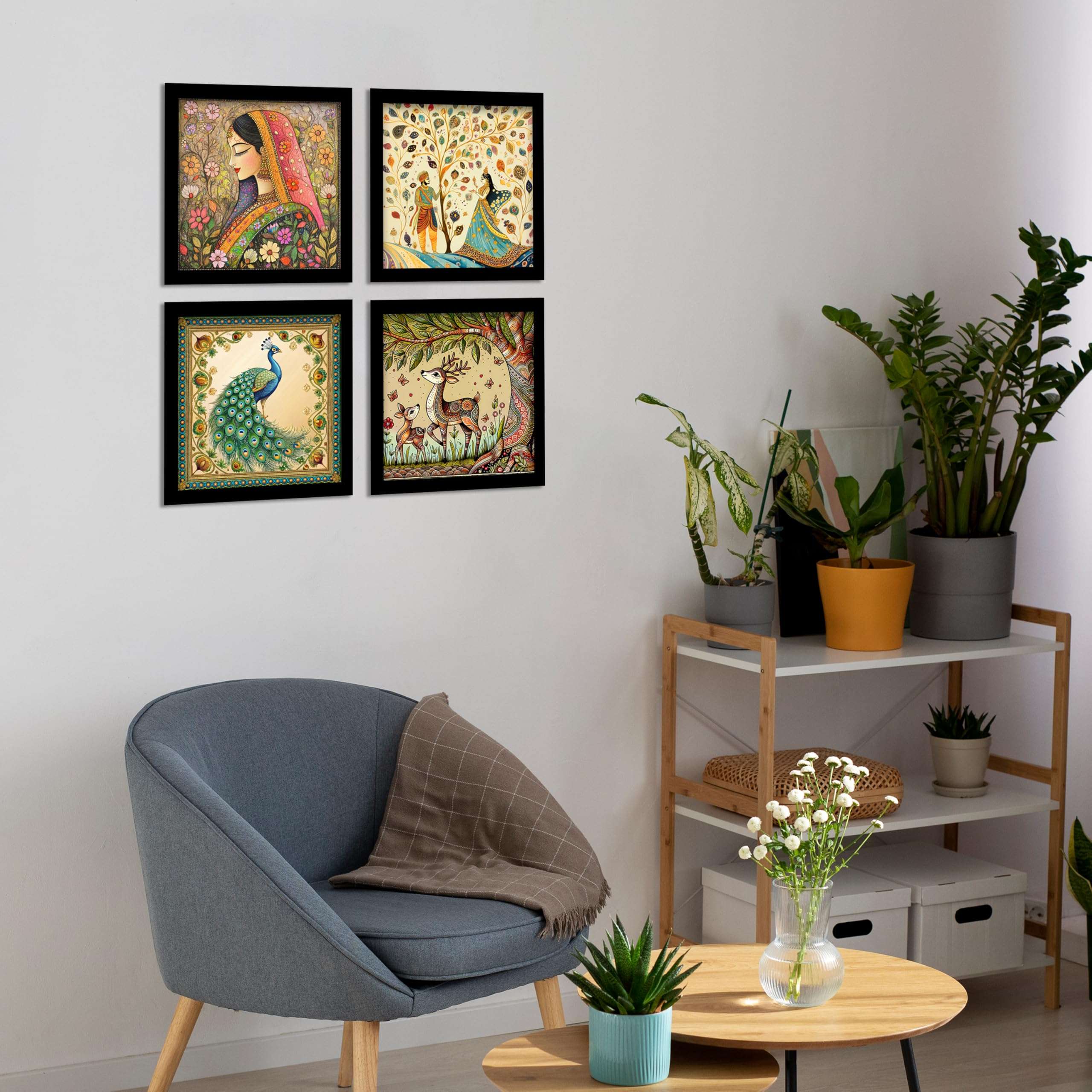 Rousrie Madhubani Art Framed Painting For Home, Living Room, Hall | Traditional Rajasthani Pichwai Art Paitnings With Frame For Home Decor (Set Of 4) 6