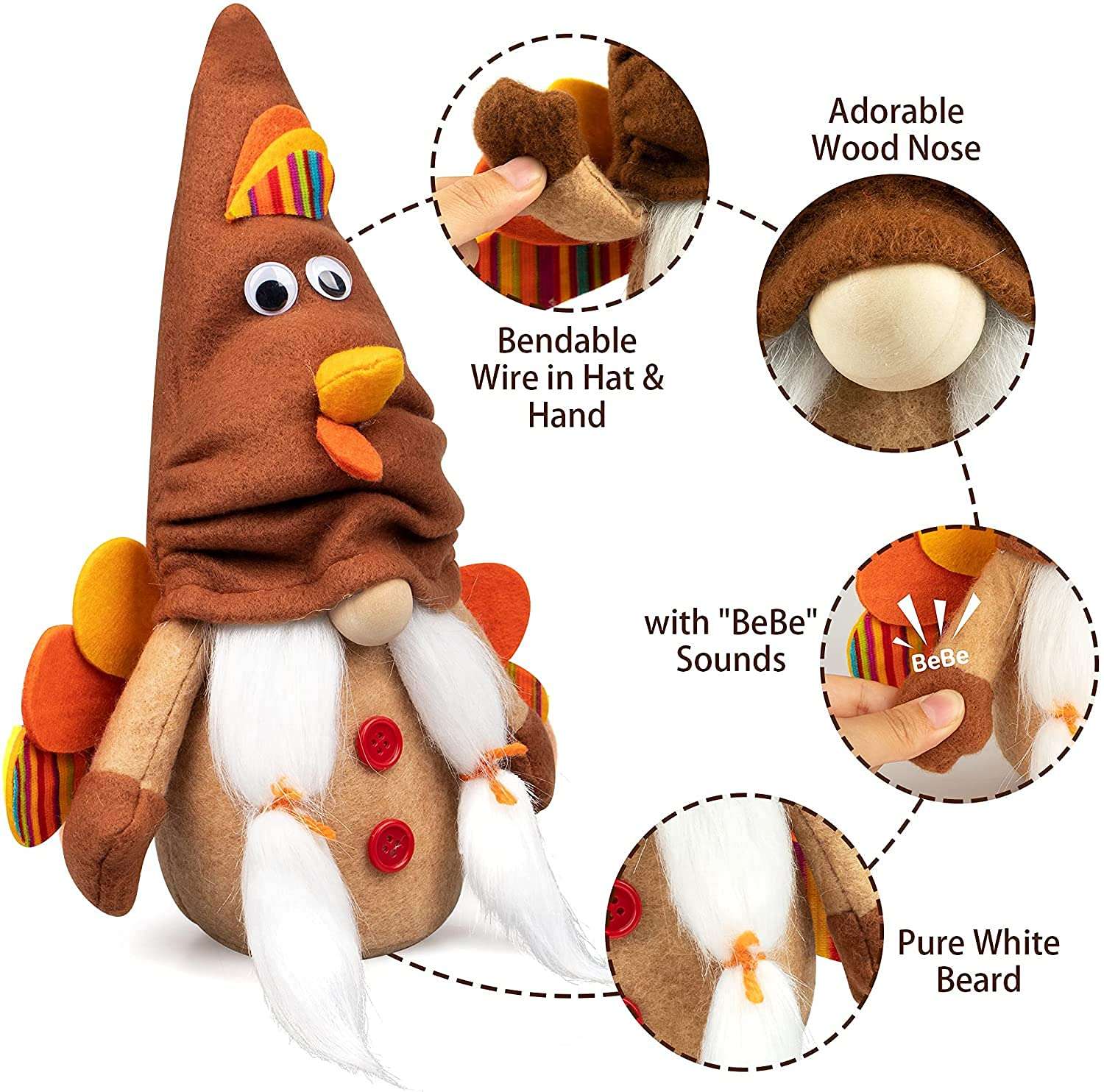 D-FantiX Turkey Fall Gnomes Plush Decor, 2Pack Squeaky Handmade Tomte Swedish Gnome Doll Scandinavian Figurine Thanksgiving Gnomes Plush Ornaments Thanksgiving Holiday Home Table Decorations Gifts 4