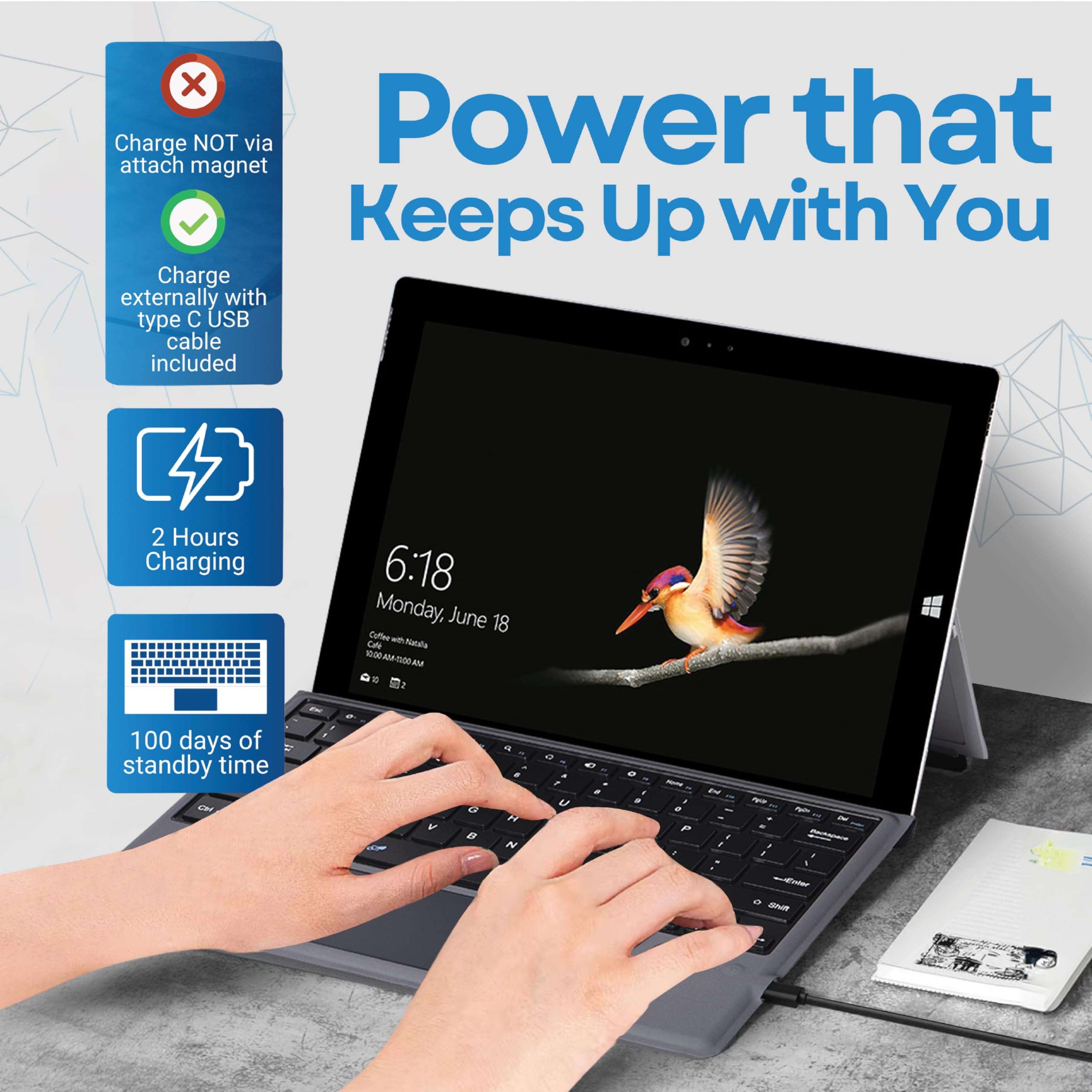 Keyboard Replacement Type Cover Trackpad Mouse for Microsoft Surface Pro 7+ 7 Pro 6 Pro 5 Pro 4 Pro 3 Ergonomic Portable Slim Wireless Bluetooth Rechargeable 2