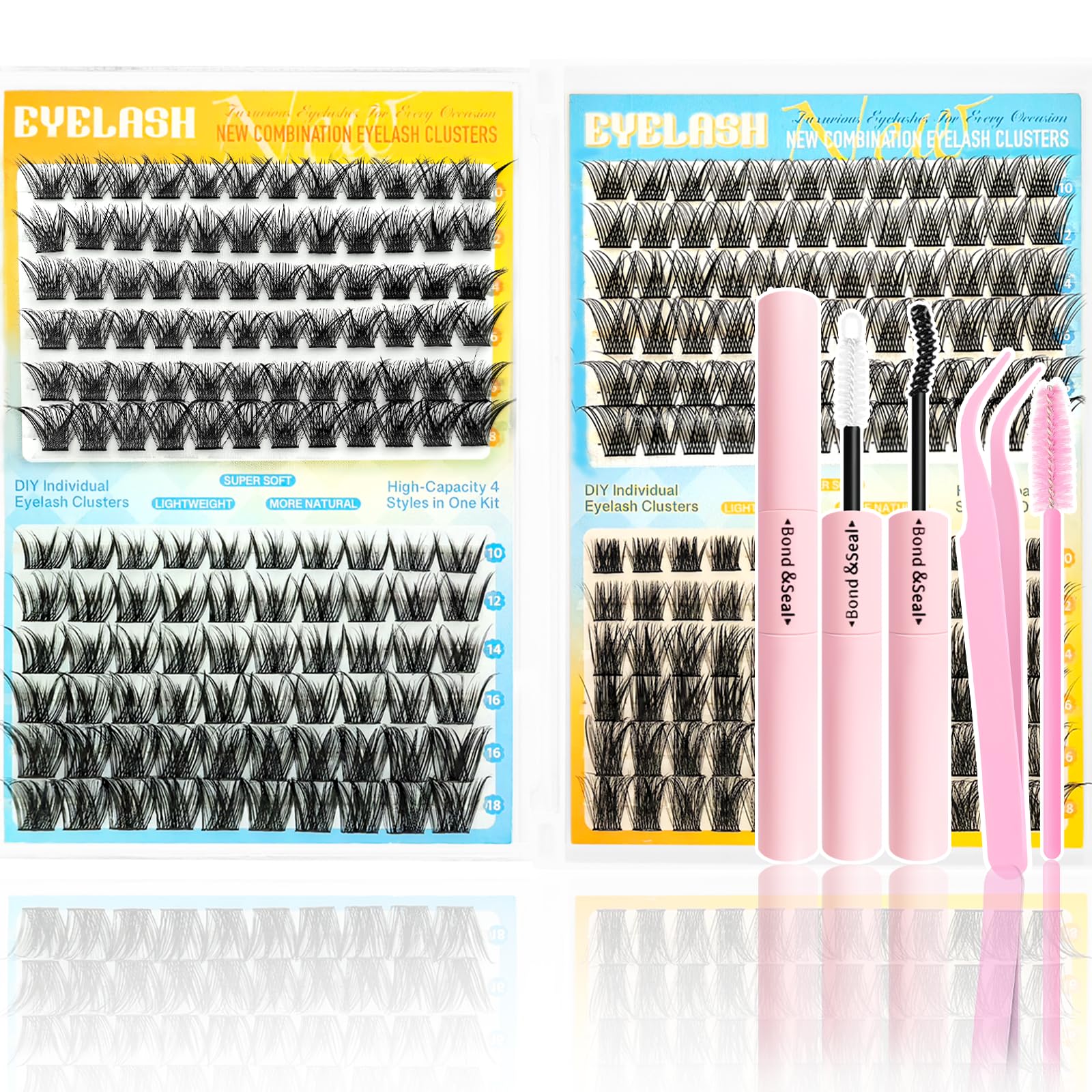 DIY Lash Clusters Extension Kit, 288pcs Natural Wispy Eyelash Clusters with Glue Tools for Home Application, 10-18mm D Curl Complete Starter Kit for Beginners