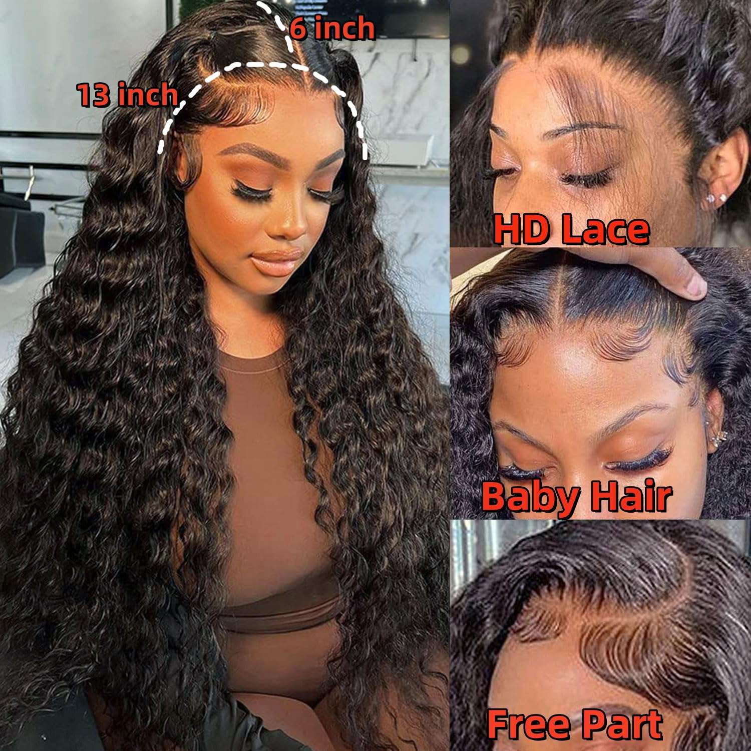 13x6 Water Wave Lace Front Wigs Human Hair 22 Inch 180% Density Water Curly HD Transparent Lace Frontal Wig For Black Women Glueless Wigs Human Hair Pre Plucked with Baby Hair 4