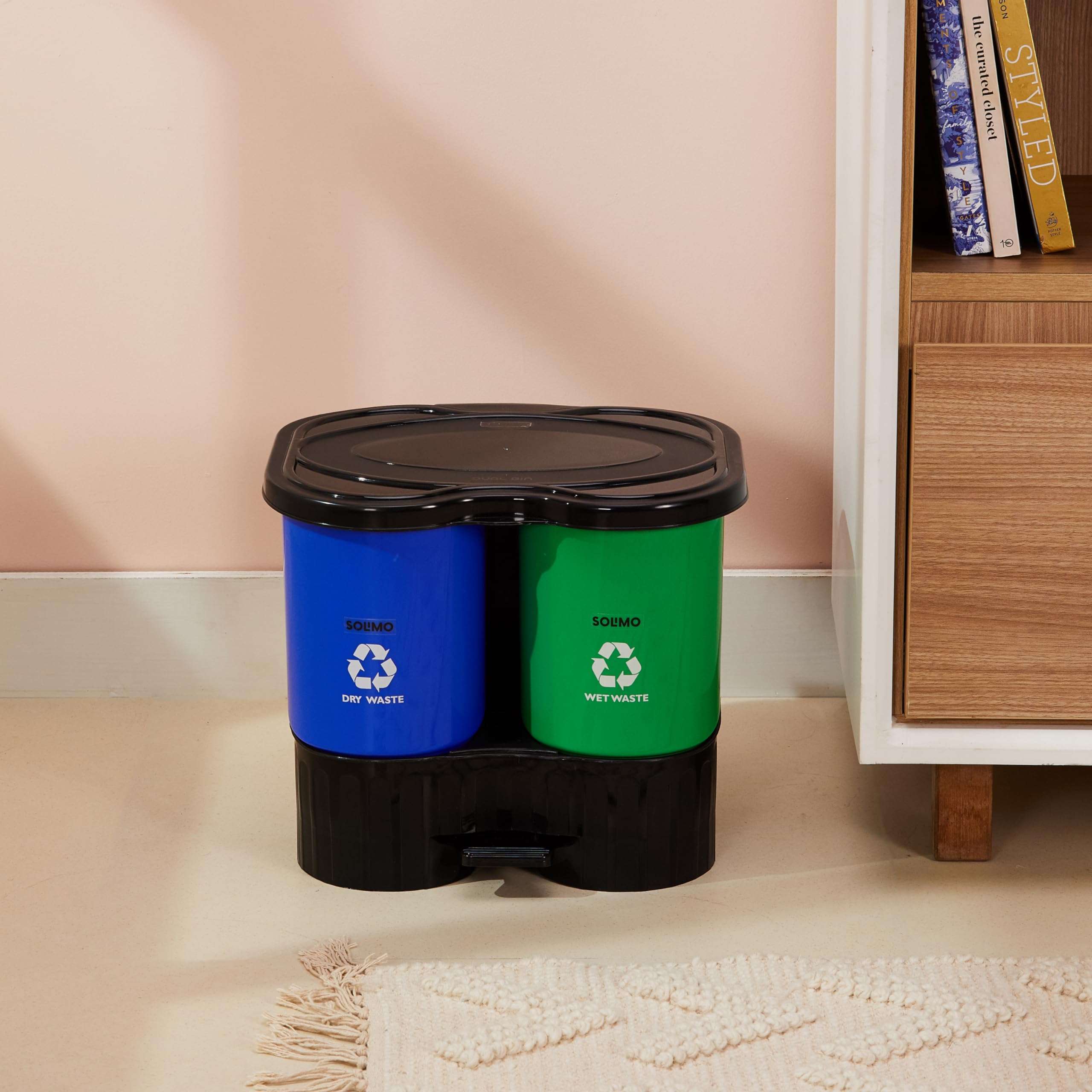 Amazon Brand - Solimo Plastic Oval Step-On Pedal 2-In-1 Dual Dustbin With Lid-15.4 Liters|Green&Blue 6