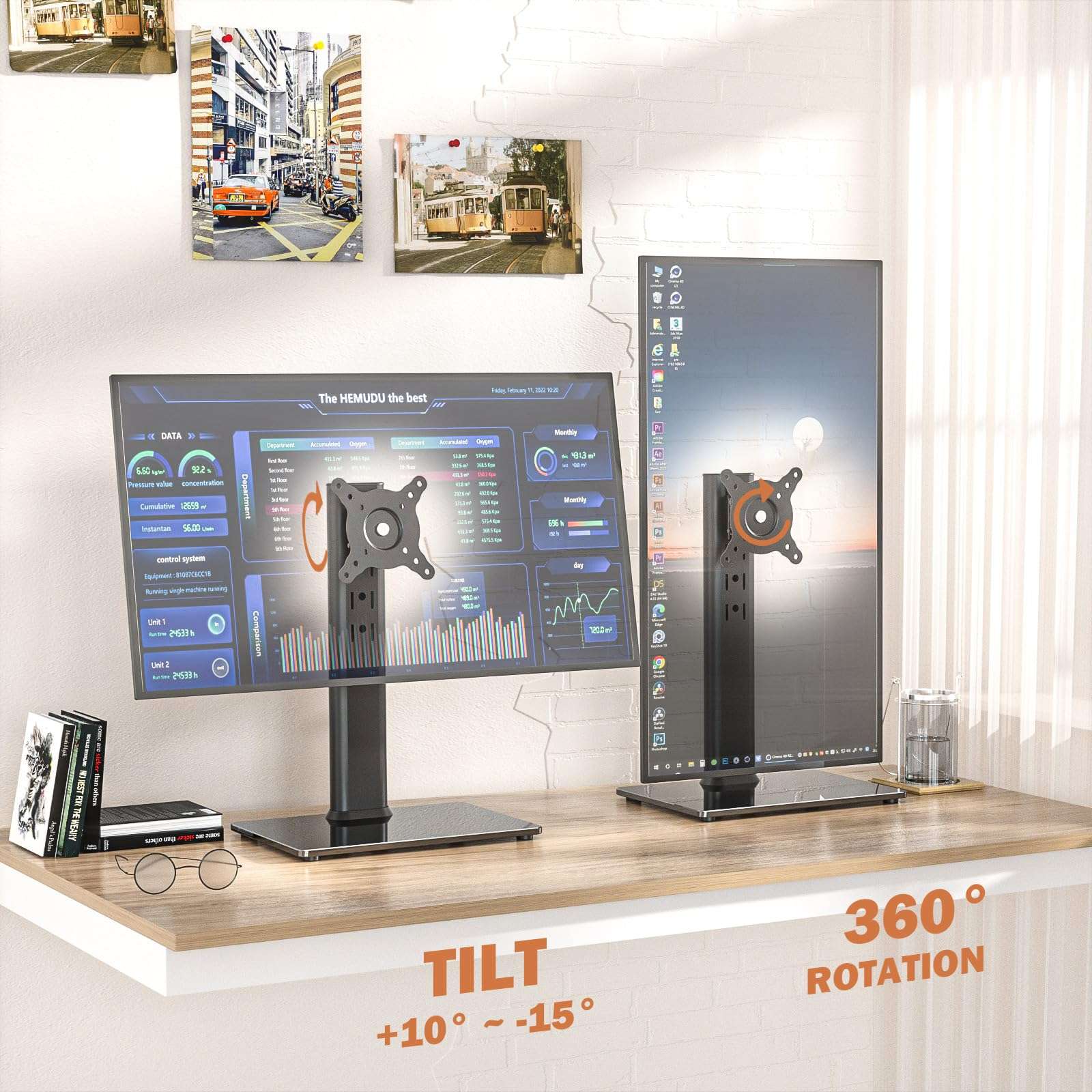 Single LCD Computer Monitor Free-Standing Desk Stand Mount Riser for 13 inch to 32 inch screen with Swivel, Height Adjustable, Rotation, Vesa Base Stand Holds One (1) Screen up to 77Lbs(HT05B-001)) 5