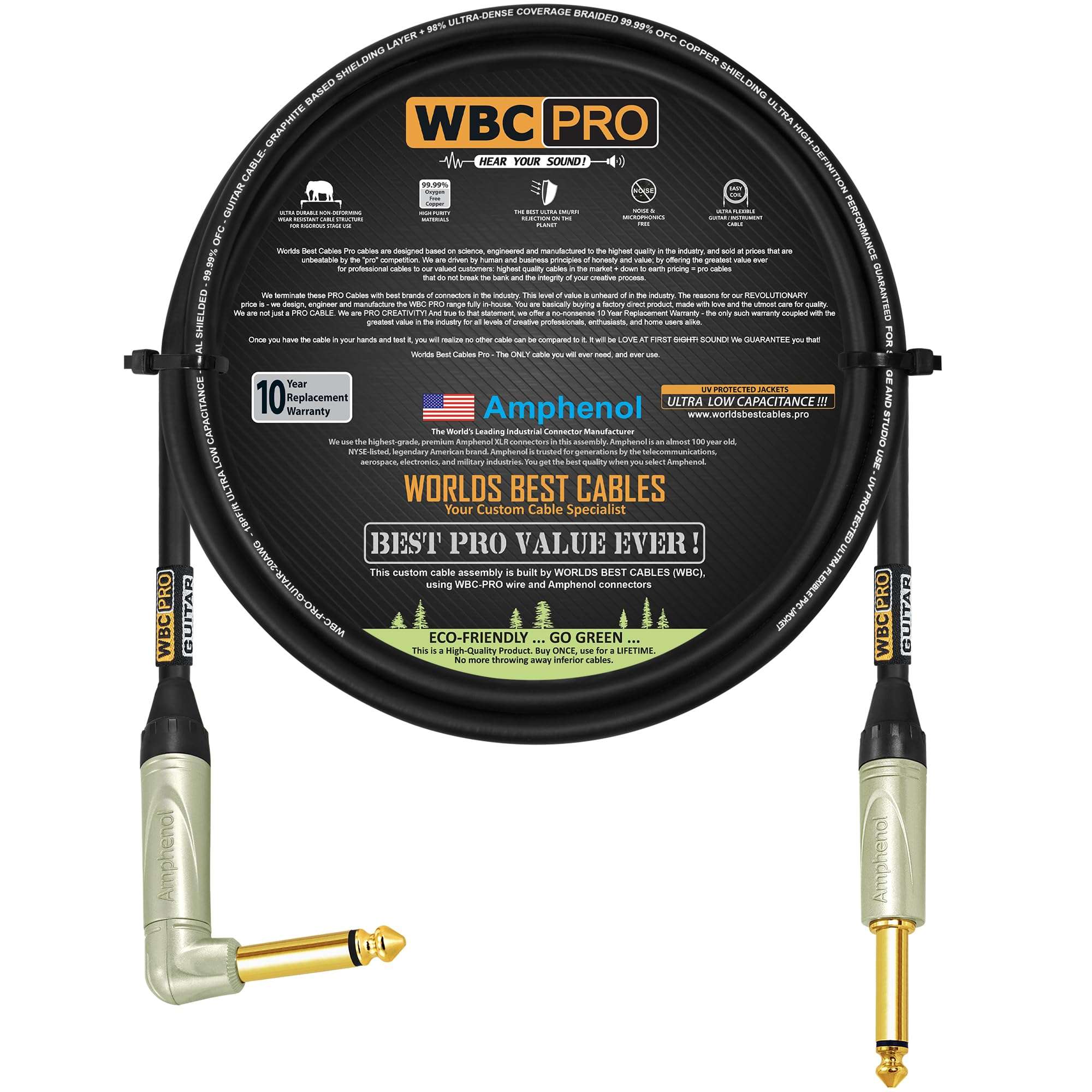 6 Foot - WBC-PRO-Guitar – 20 AWG - Low-Cap (18pF/ft) – Pro-Grade – Graphite-Based - Dual-Shielded Guitar, Bass, Instrument Cable with Amphenol QM2R-AU & QM2P-AU ¼ Inch (6.35mm) Gold TS Connectors