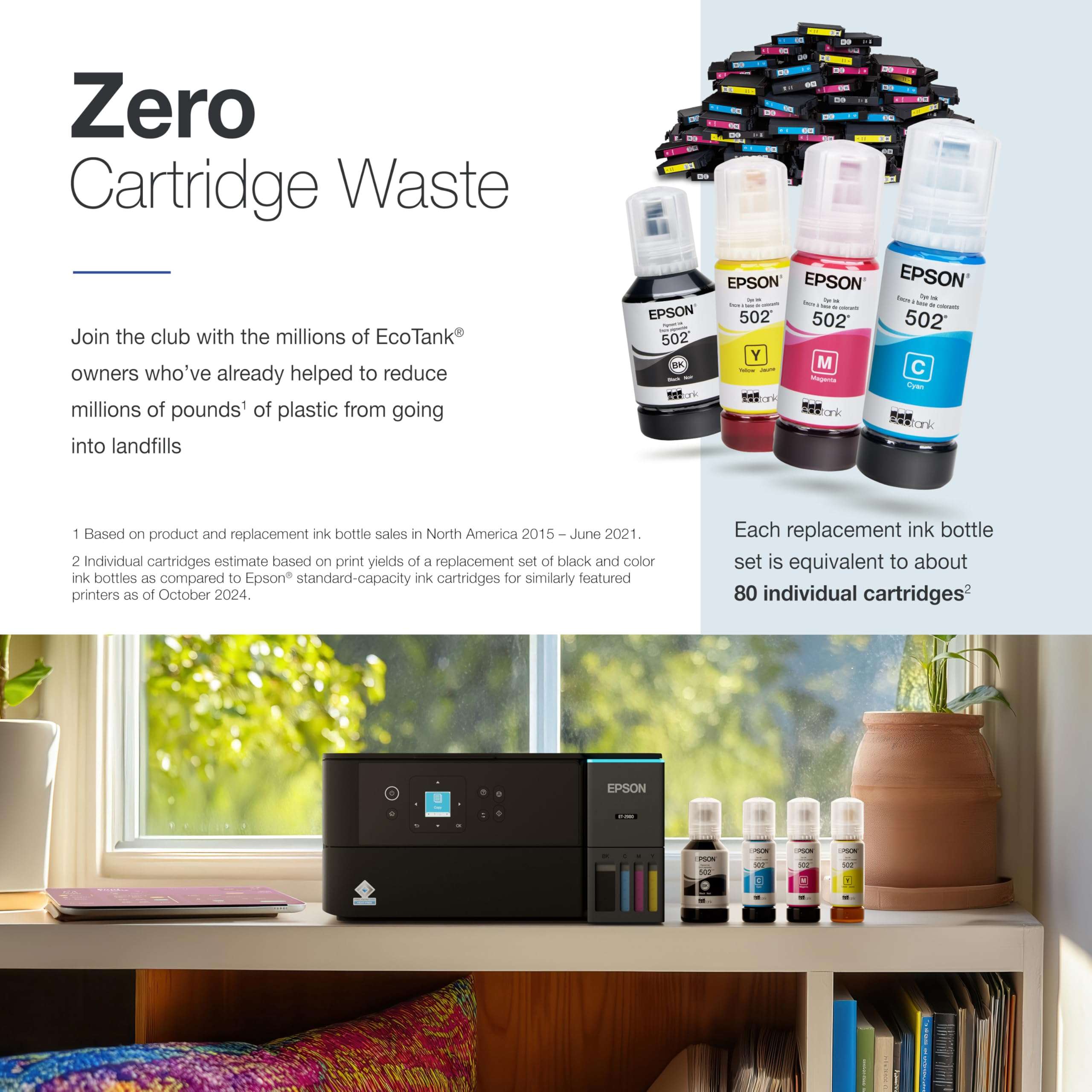 Epson EcoTank ET-2980 Wireless All-in-One Color Supertank Printer with up to 3 Years of Ink, Refillable Tanks, Perfect for Home, 15 PPM, 1.44" Color Screen, Auto 2-Sided Printing - Black 5