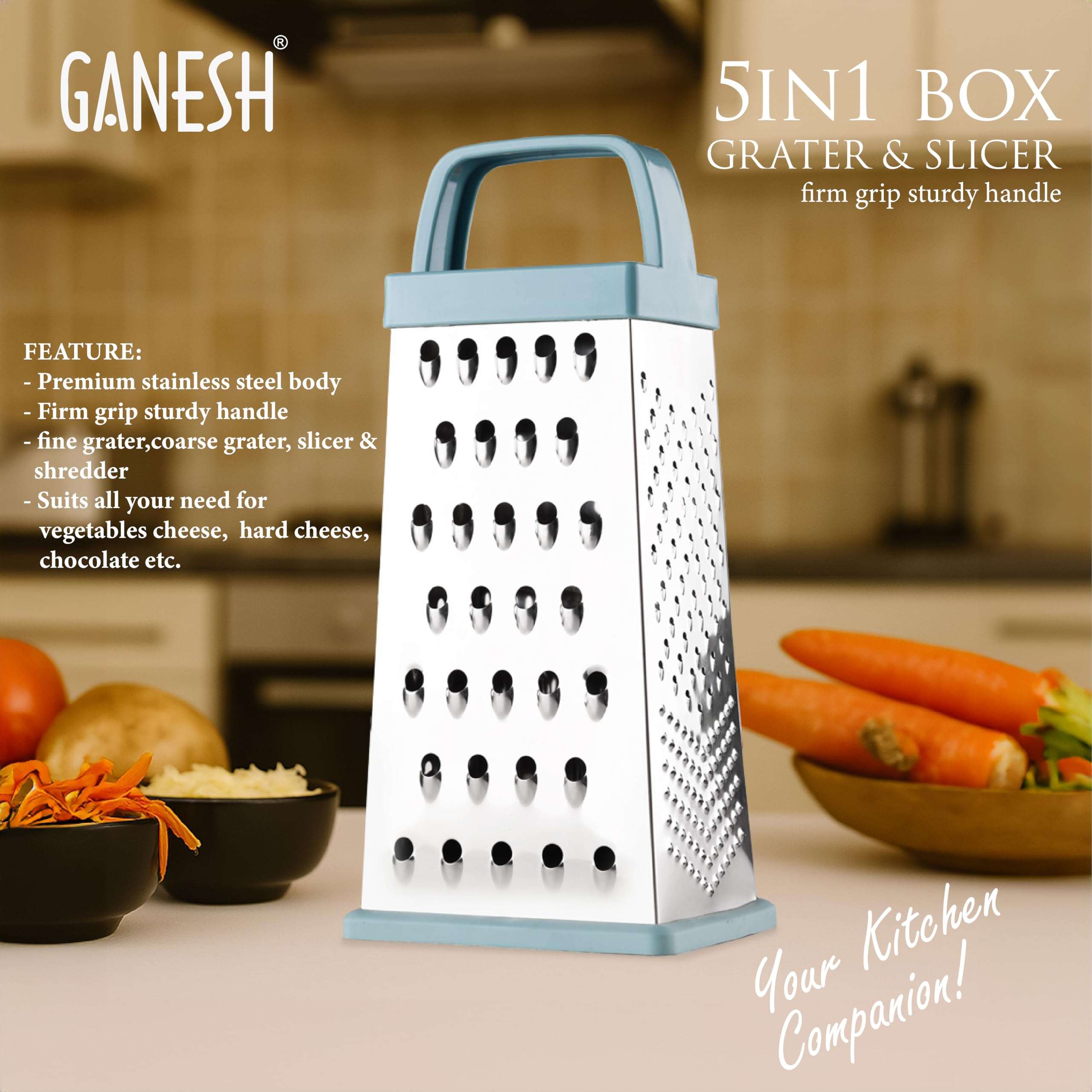 Ganesh Vegetable Grater & Slicer|Stainless Steel 5 in 1 Kitchen Chopper| Grater for Cheese|Vegetables|Ginger (Silver) 4