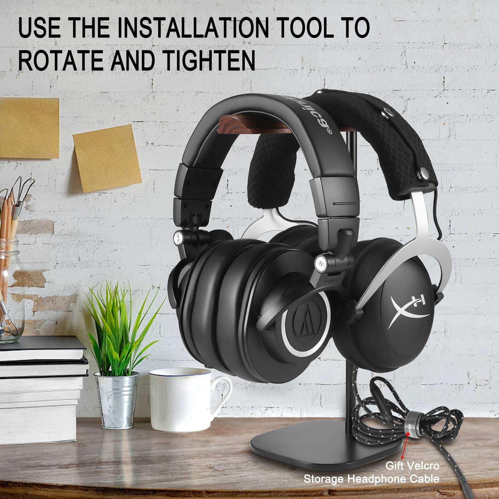 G GVOEARS Headphone Stand, Walnut Wood Headset Stands, Support Dual Headphones Suspension & Aluminum Alloy Support Rod Hanger, Dual Headphones Stand,Headset Holder 2