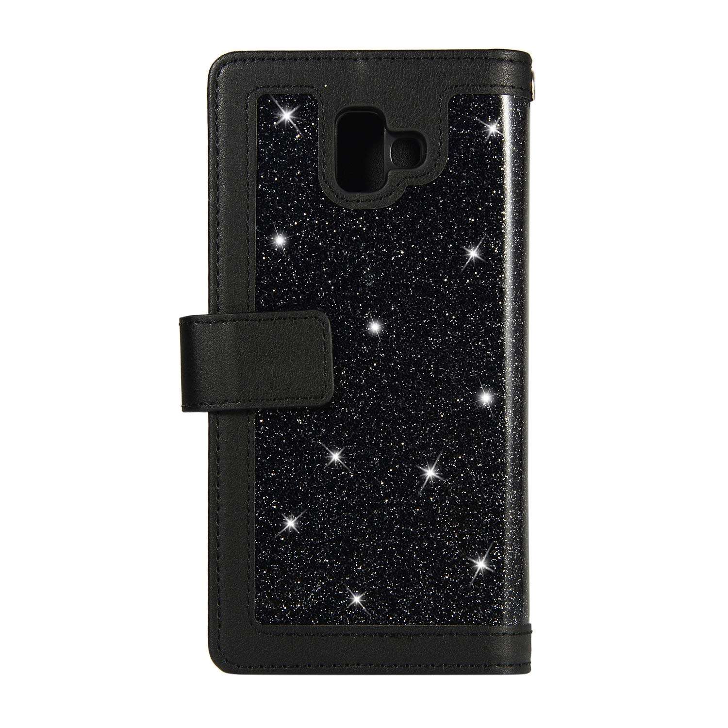Samsung Galaxy j6 2018 Case Wallet Flip Bling Glitter 9 Card Holder PU Leather Wallet Slot Flip Protective Cover with Pocket with Zipper (Black) 6