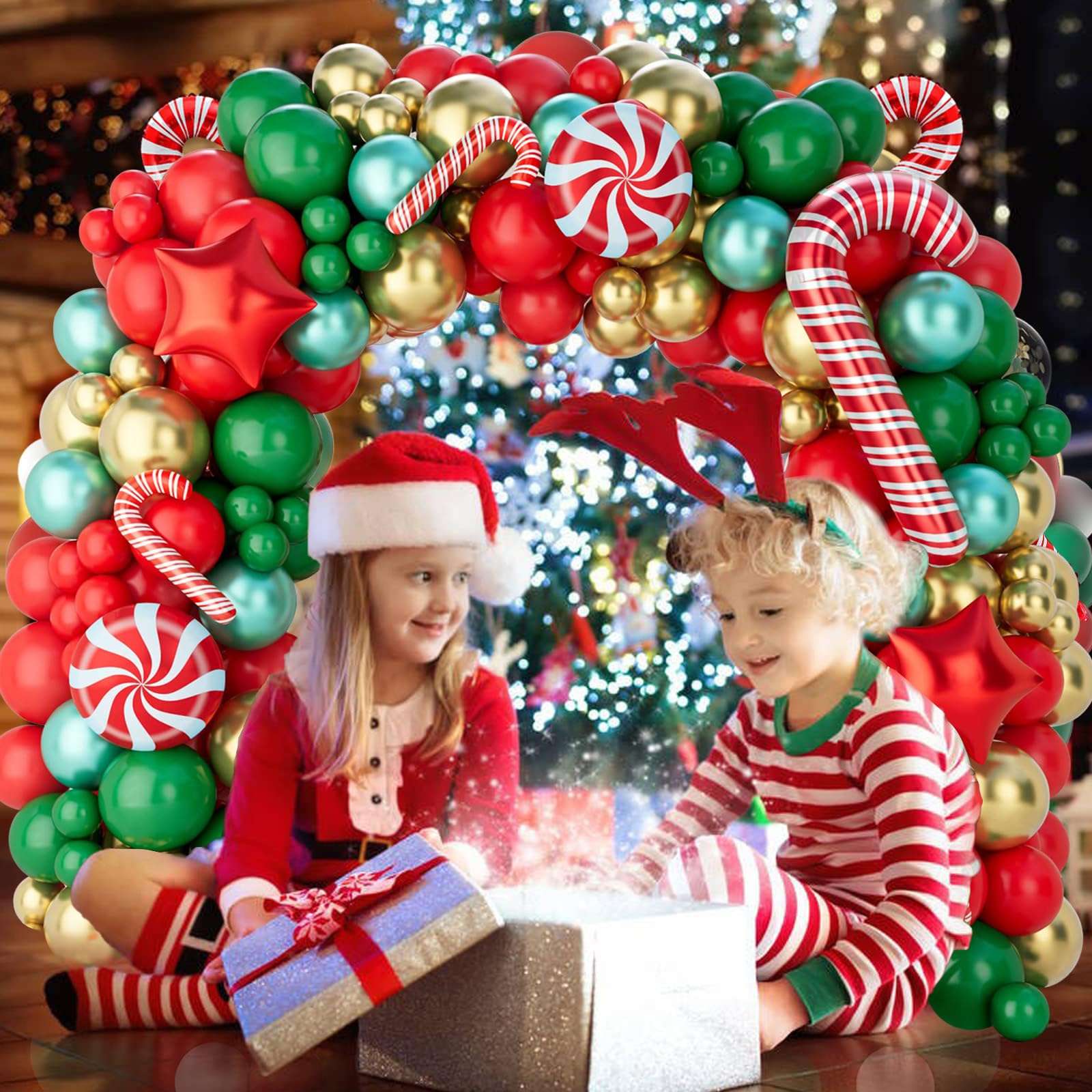 Christmas Balloons Garland Arch Kit, 150Pcs Christmas Garland with Red Green Gold Candy Cane Balloons Red Star Balloons, Christmas Arch for Christmas Party, Xmas Decorations Backdrop for Indoors 6