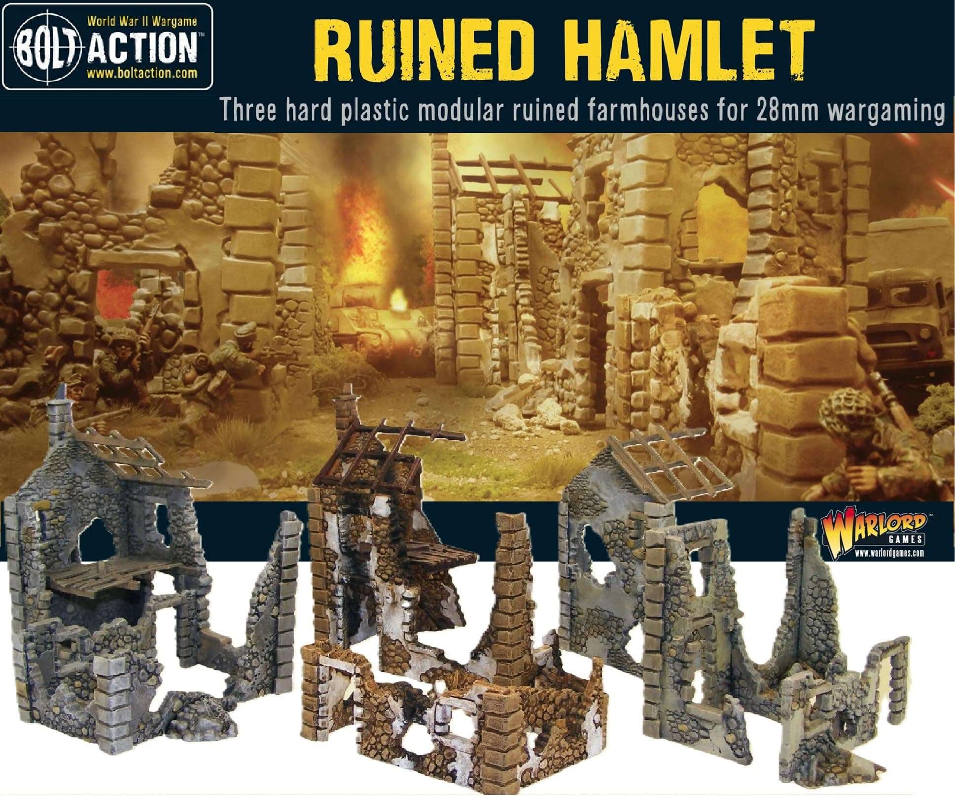Warlord Bolt Action Ruined Hamlet 3 Buildings 1:56 WWII Military Wargaming Diorama Plastic Model Kit, Small, Unpainted 1