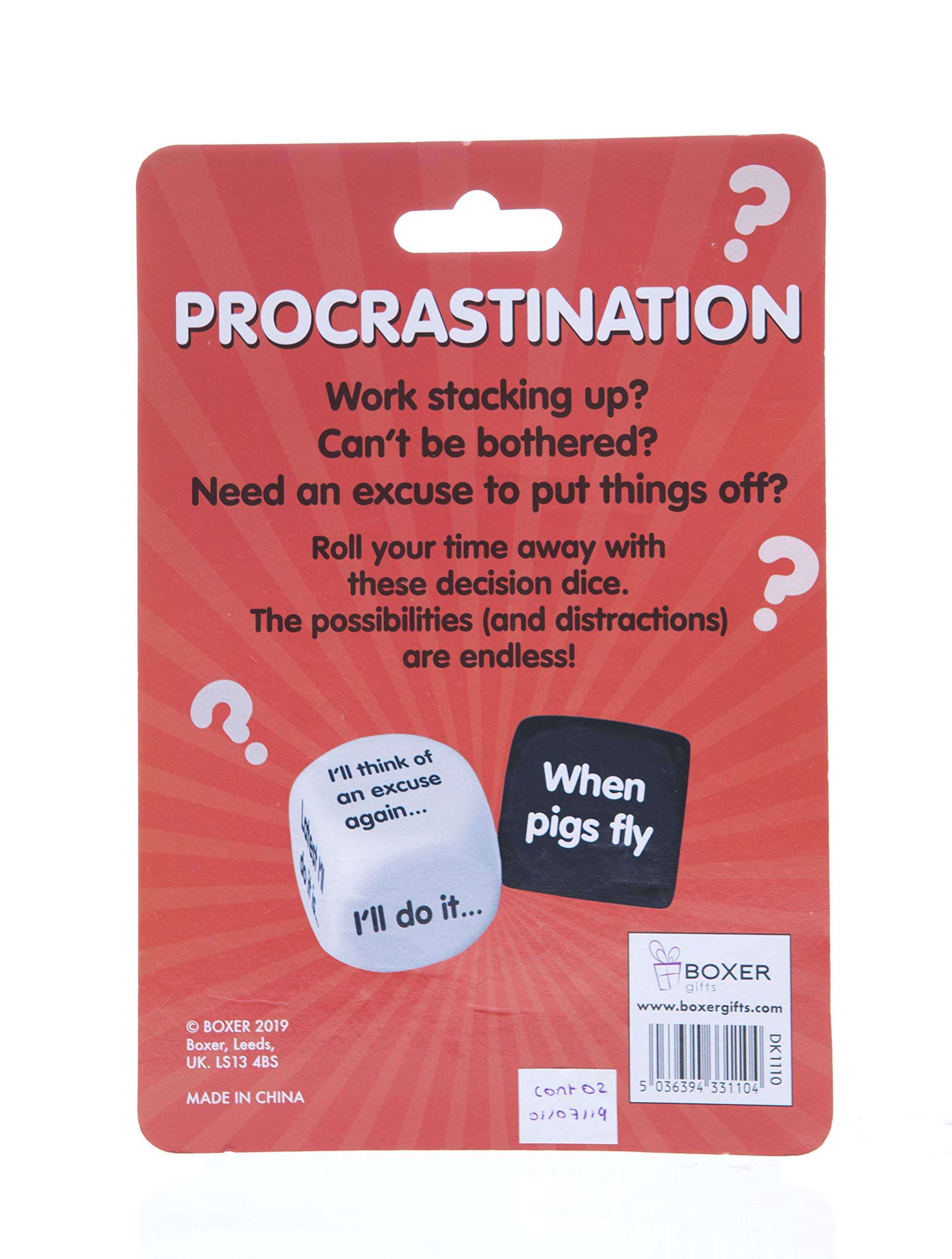 Boxer Gifts Procrastination Dice | Funny Office Humor Desk Accessory | Novelty Gift for a Lazy Colleague, Friend or Family Member | Great White Elephant Gift 6