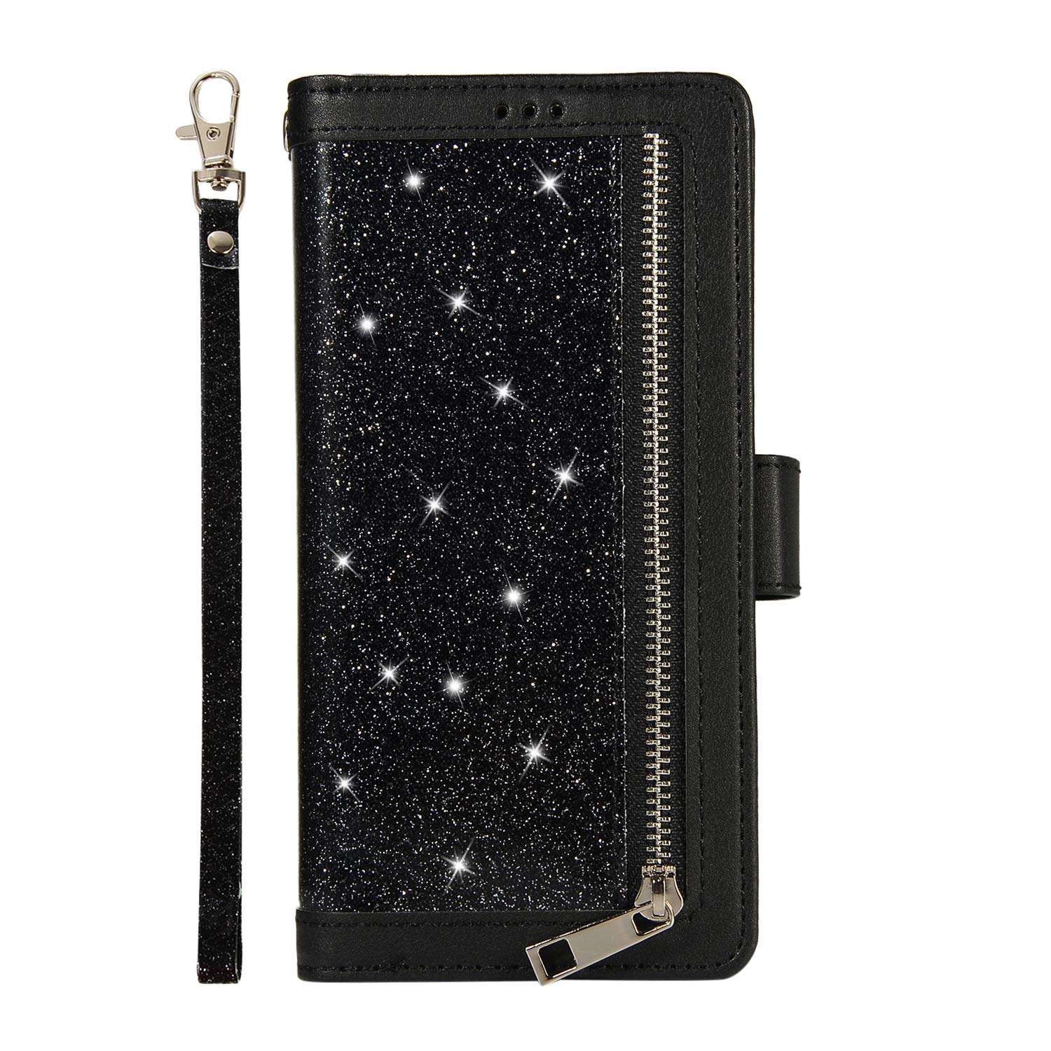 Samsung Galaxy j6 2018 Case Wallet Flip Bling Glitter 9 Card Holder PU Leather Wallet Slot Flip Protective Cover with Pocket with Zipper (Black) 1