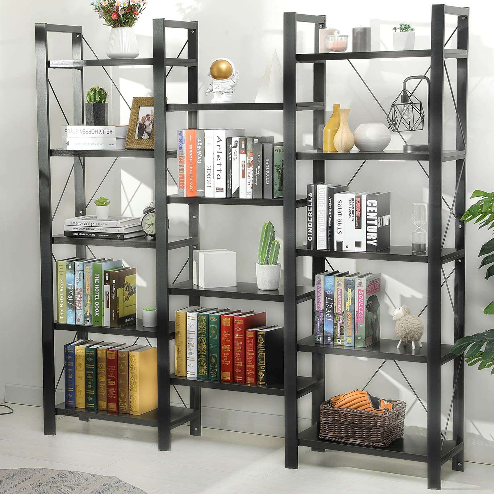 SEDETA Triple Wide 5-Shelf Bookcase, Industrial Vintage Style Bookshelves, Wood and Metal Bookshelf, Large Open Book Shelf Furniture Shelves for Home Office, Black 2