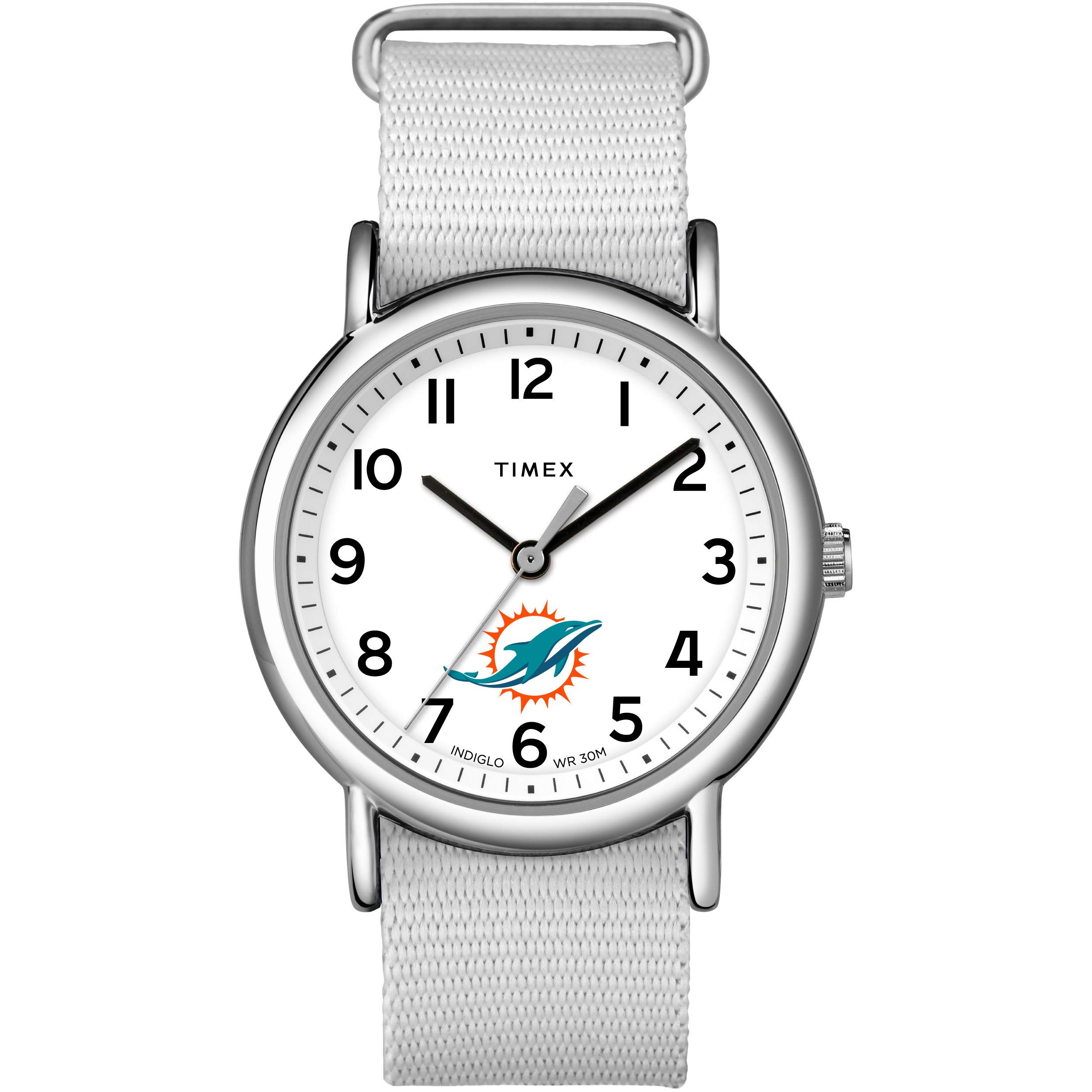 Timex Tribute Women's NFL Weekender 38mm Watch – Miami Dolphins with White Fabric Slip-Thru Strap