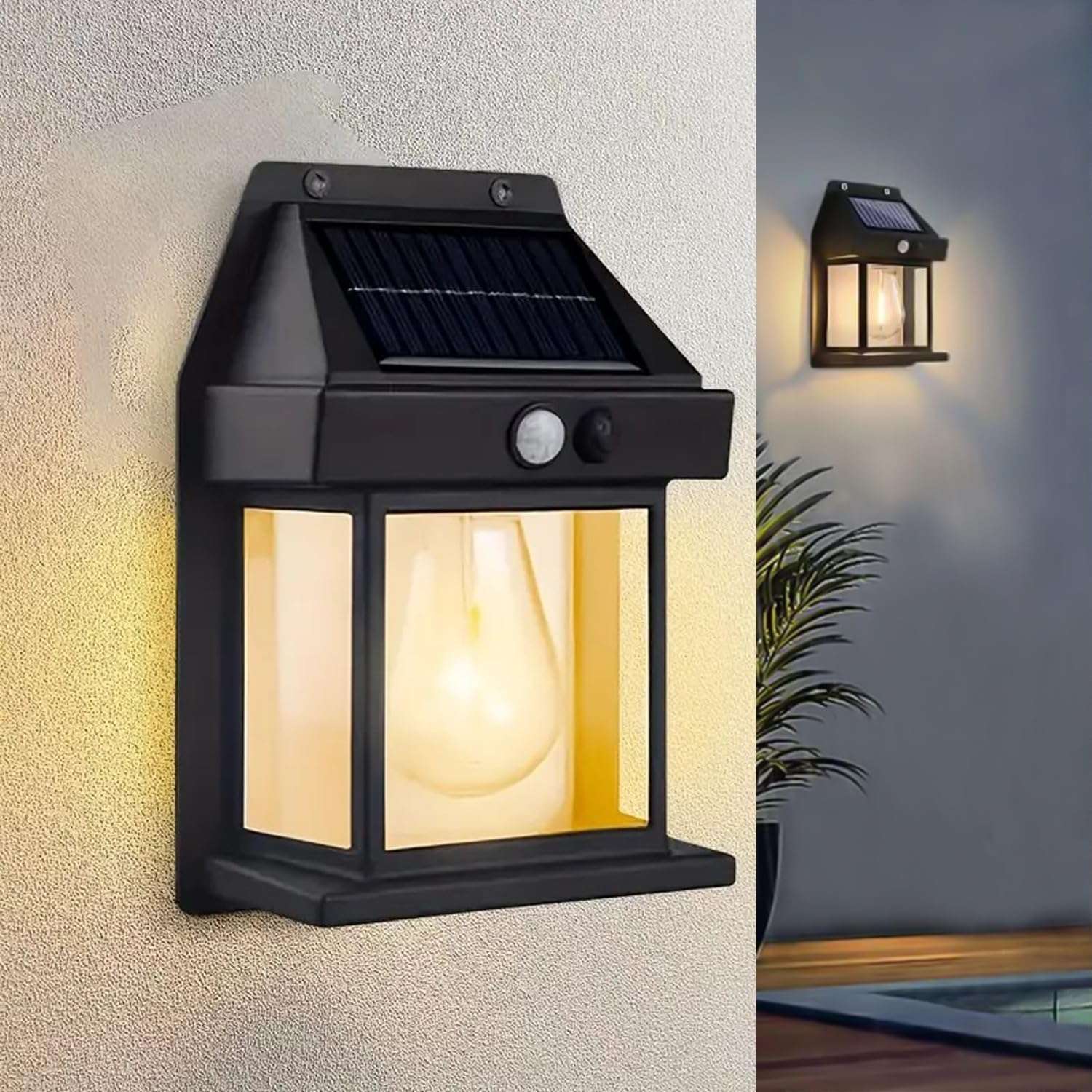 GIGALUMI Solar Wall Lights Outdoor | Motion Sensor Waterproof LED 3 Modes Sconce Solar Lamp | Auto-Charging Exterior Security Light for Porch, Patio, Garden, Balcony & Pathway (Warm Yellow, 1 Pc) 1