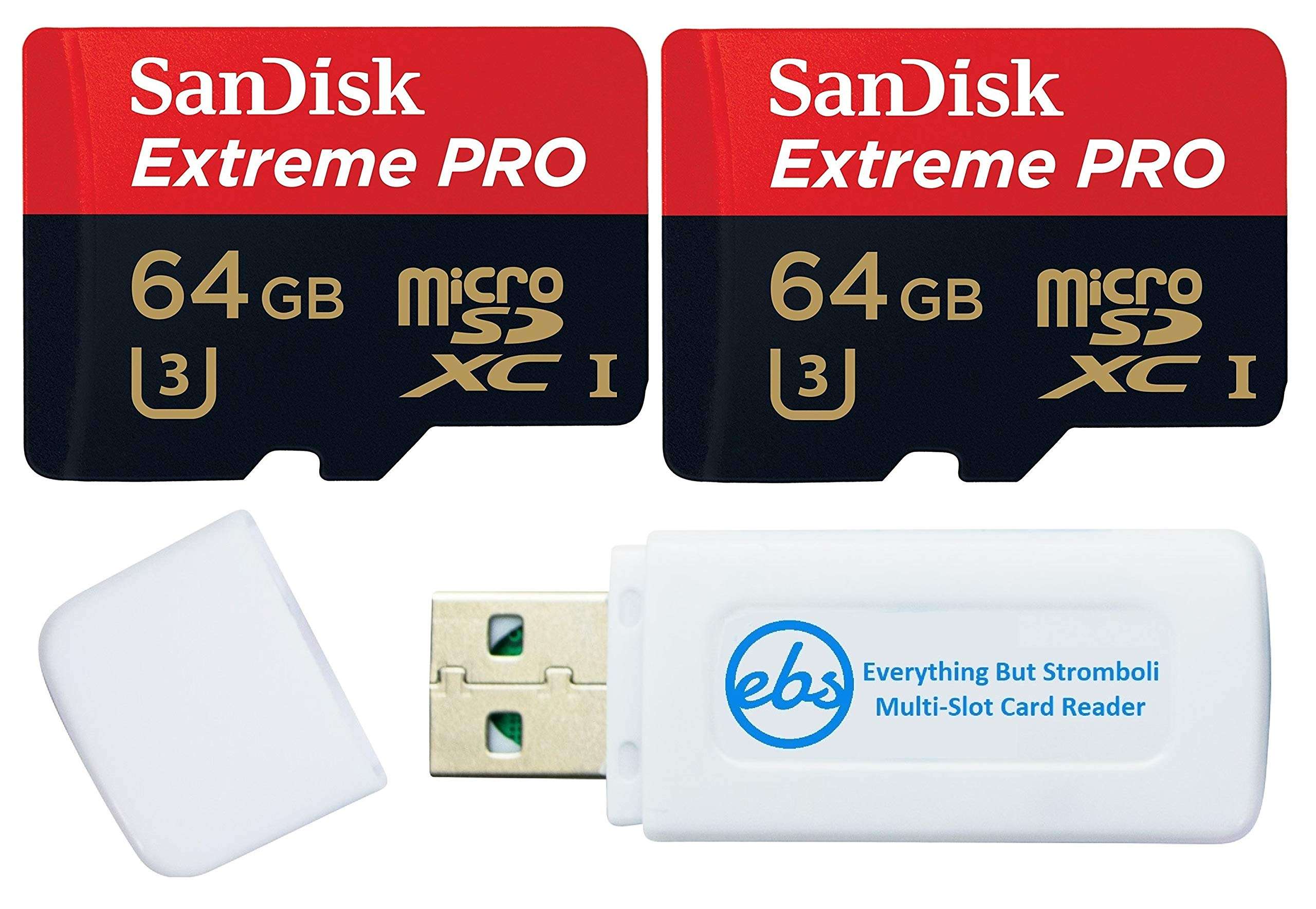 SanDisk 64GB Micro SDXC Memory Card Extreme Pro (2 Pack) Works with GoPro Hero 9 Black Action Camera U3 V30 4K Class 10 (SDSQXCY-064G-GN6MA) Bundle with 1 Everything But Stromboli TF & SD Card Reader 1