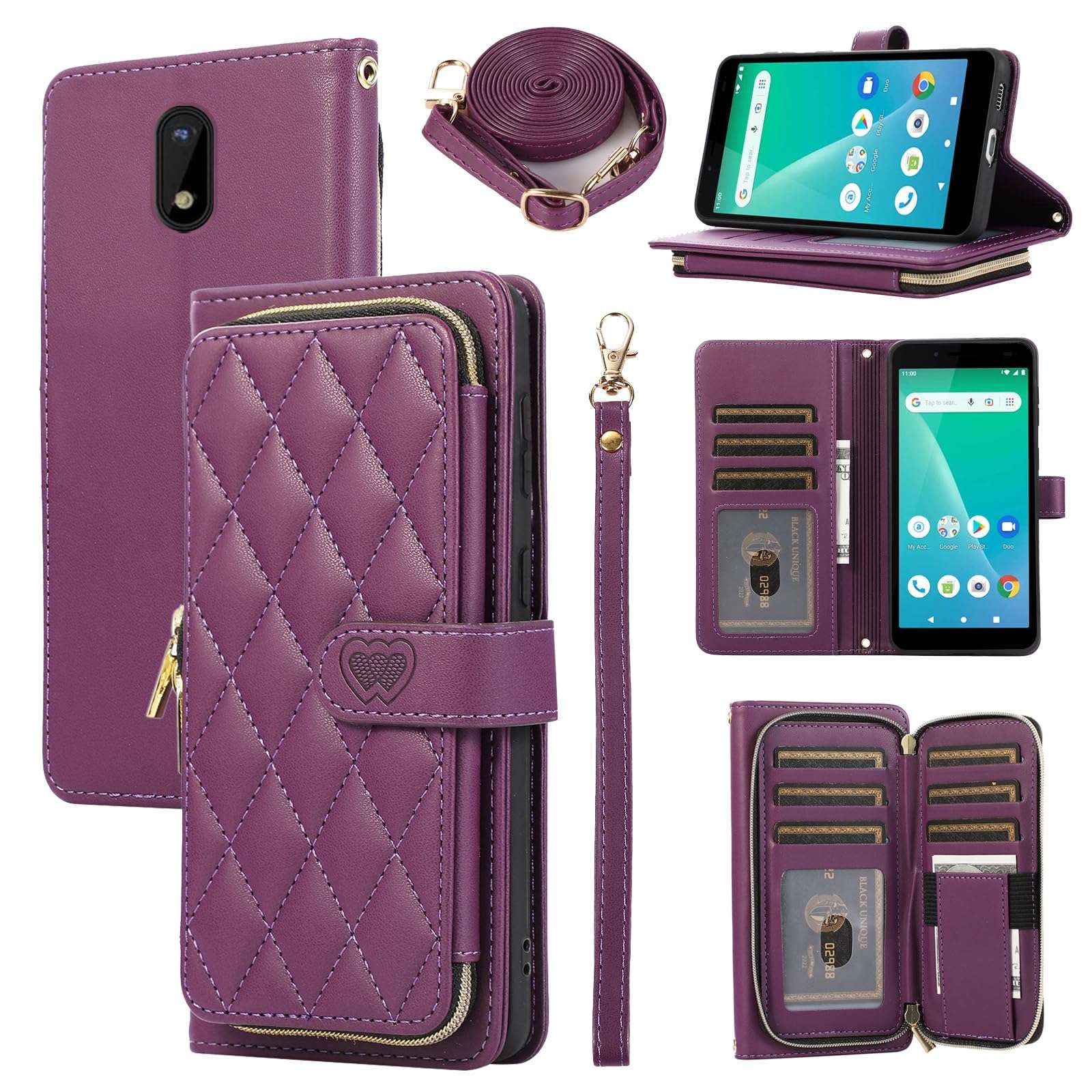 Furiet Argyle Wallet Case for Unimax UMX U696CL with Wrist Strap Shoulder Strap, 9+ Card Slots Zipper Purse Luxury PU Leather Card Holder Stand Checkered Cell Phone Cover for Women Girls Deep Purple 1