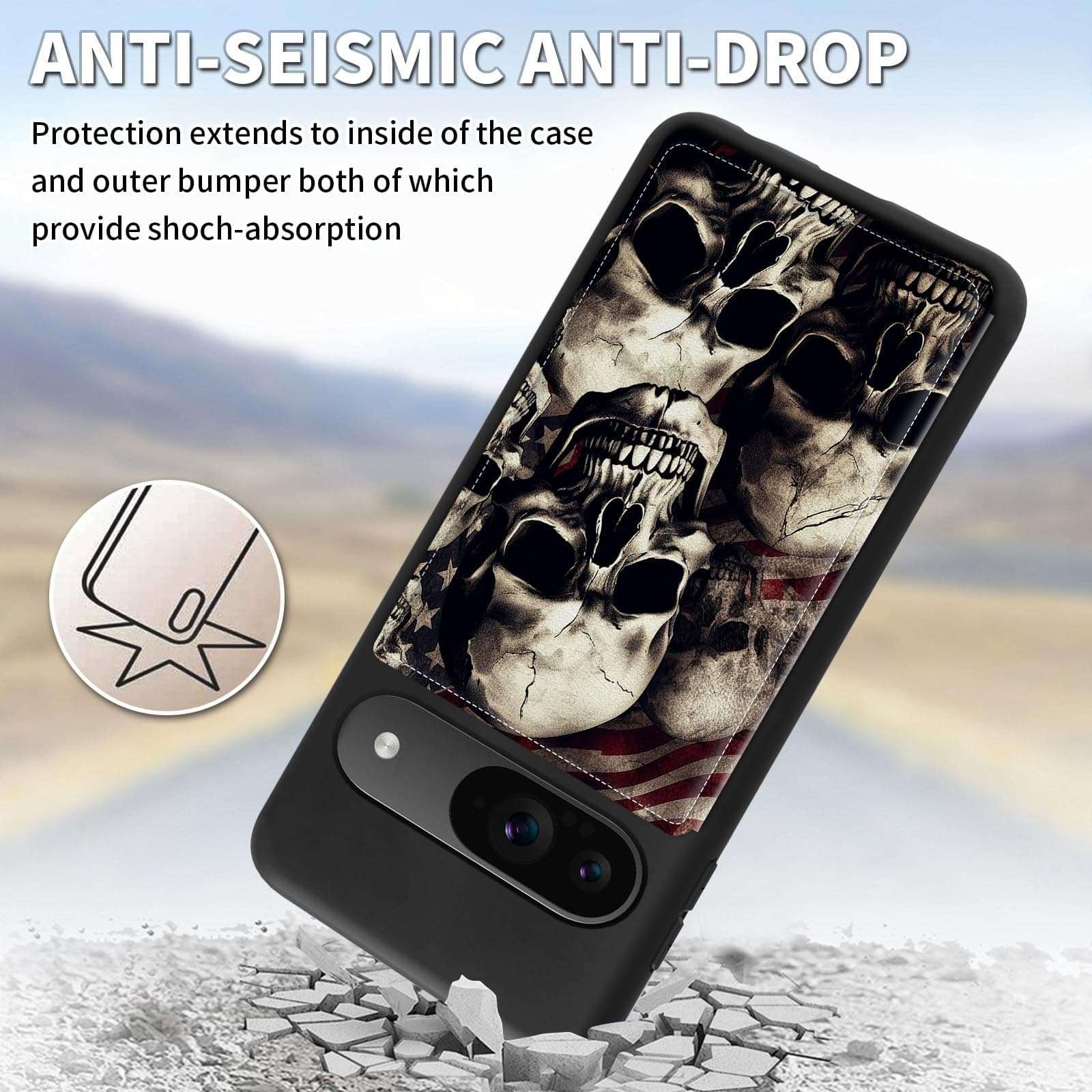 ACWDMKH for Google Pixel 9 Case Wallet with Card Holder&Wrist Strap,for Pixel 9 Case for Women Flip Leather Kickstand Card Slots Case,Double Magnetic Clasp Case Cover for Pixel 9,Skulls America Flag 6