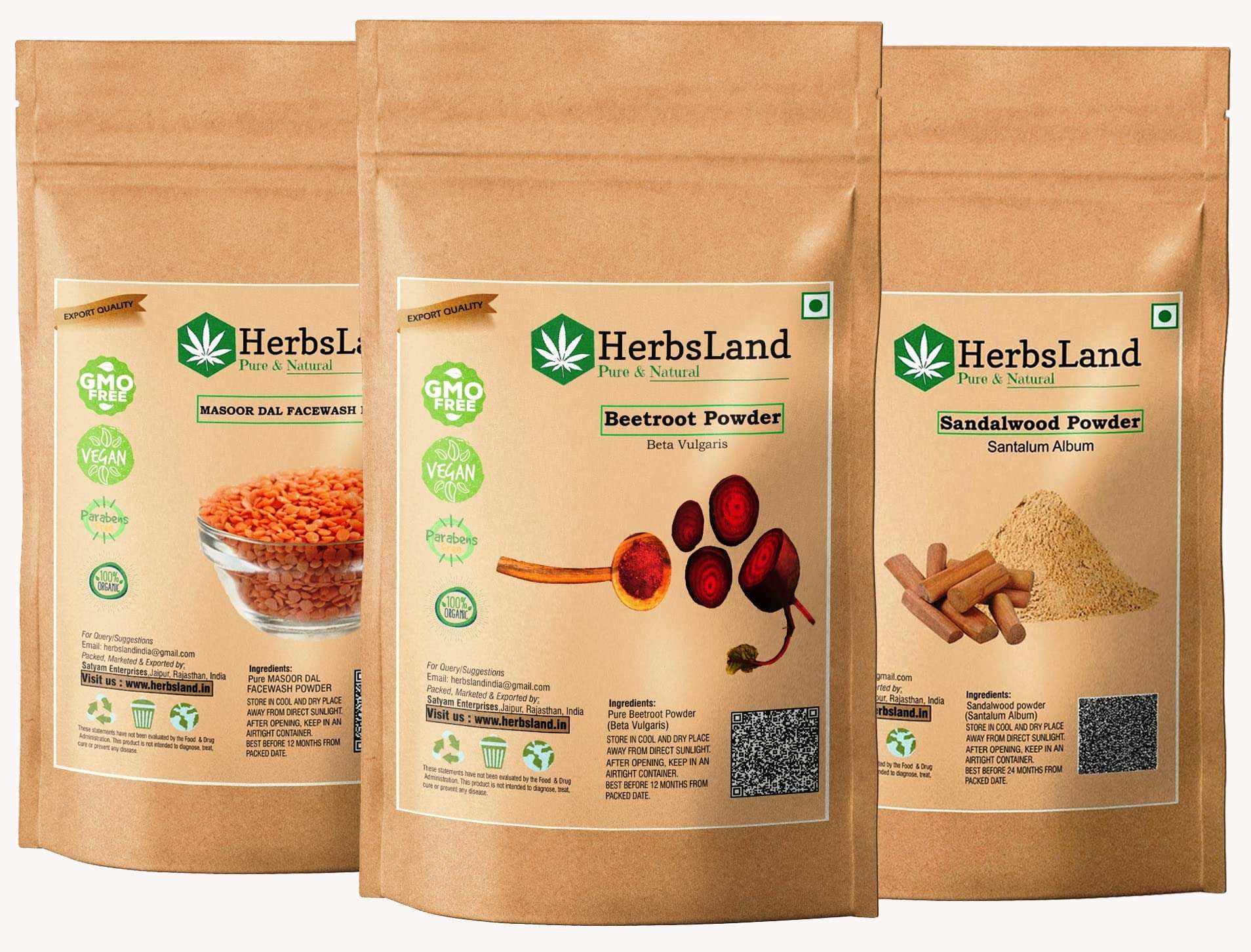 HerbsLand® 100% Natural Beetroot (SuperFood) (Beta Vulgaris), Masoor Dal (Red Lentils-Seed) FacePack and Sandalwood (Chandan) Powder For Face & Skin Care (100gm Each) 1