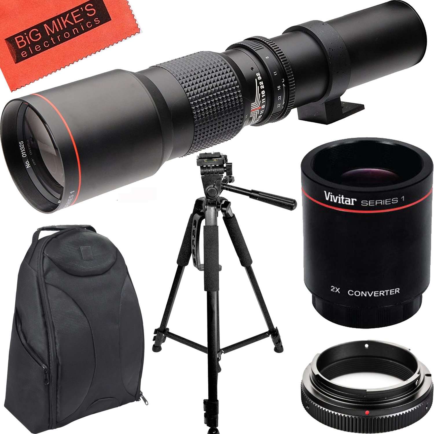 High-Power 500mm/1000mm f/8 Manual Telephoto Lens + Tripod + Backpack for Canon EOS 80D, EOS 90D, Rebel T3 T3i T5 T5i T6 T6i T6s T7 T7i, SL1, SL2, EOS 70D, 77D, 5D III, 5D IV, 6D, 7D, 7D II Cameras 1