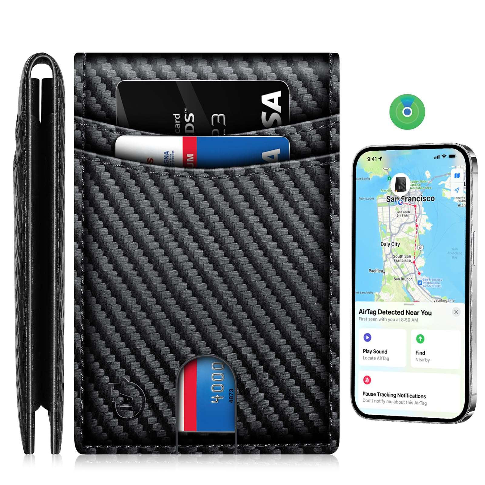 Smart Wallet For Men Work For Apple Find My (Ios Only) APP,Slim Mens Wallet with Tracker Carbon Fiber Bifold Card Holder With Rechargeable Battery Gift Box. (Not For Android)