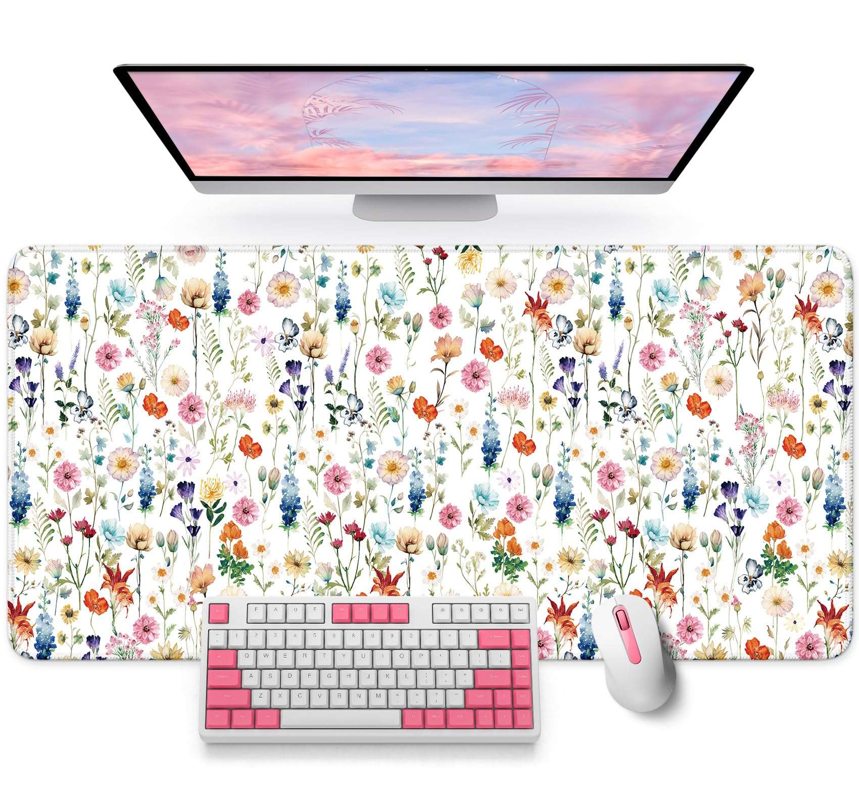 Large Mouse Pad for Desktop, Cute Desk Mat Pad Protector for Work & Gaming, Aesthetic Pretty Anti-Slip Laptop Blotter Cover for Office School Home Supplies, Wildflowers, 35.4" x 15.7" 1