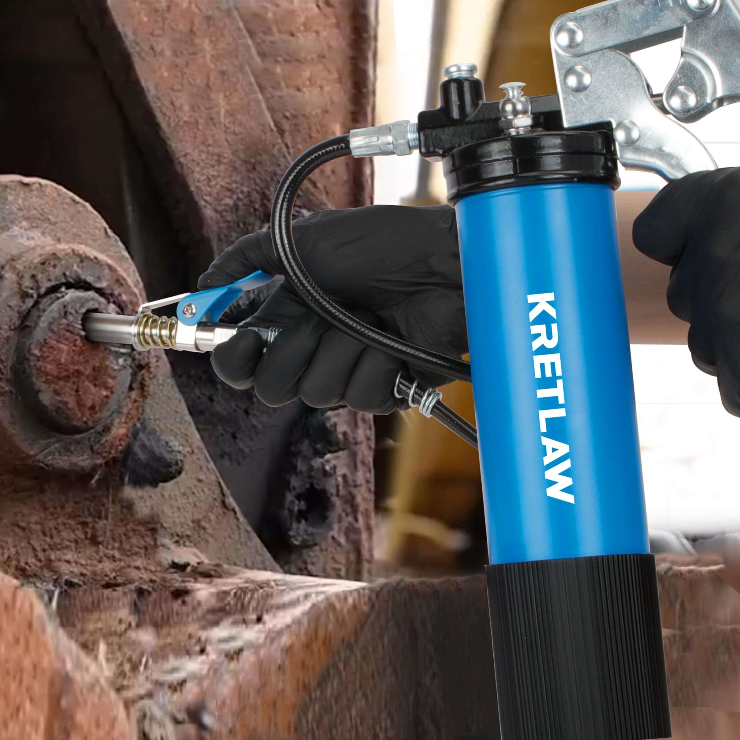 KRETLAW Grease Gun, 7000 PSI Heavy Duty Professional Pistol Grip Grease Gun Kit 14 OZ with Coupler, Double Grease Injector Needles, 18" & 2pc 12" Flex Hoses and Reinforced Glove 6