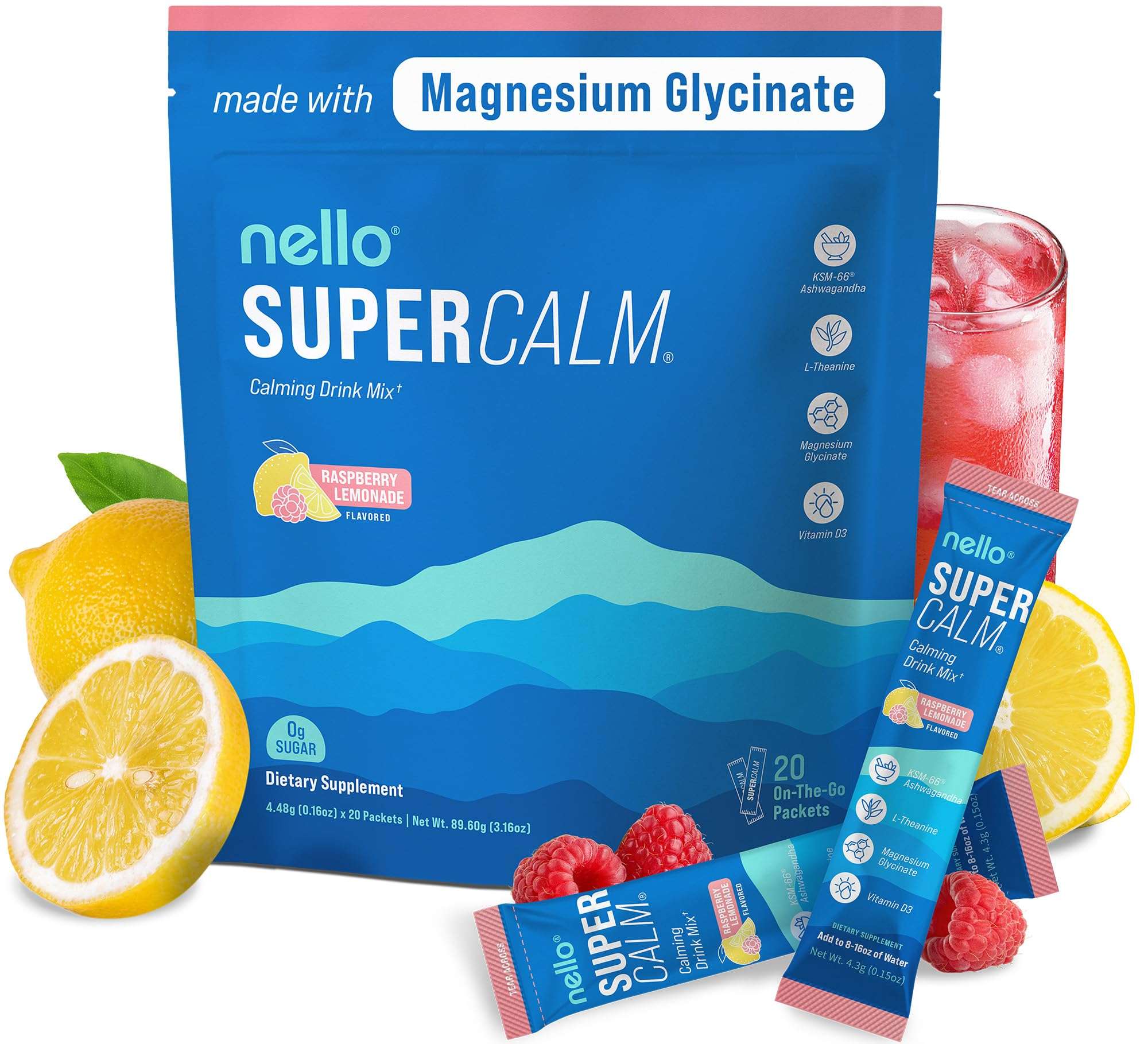 Nello Supercalm Powdered Drink Mix, Raspberry Lemonade, L Theanine, Ksm-66 Ashwagandha, Magnesium Glycinate, Vitamin D 3, Supplements for Relaxation & Focus, No Sugar, Non GMO, On The Go, 20 Ct