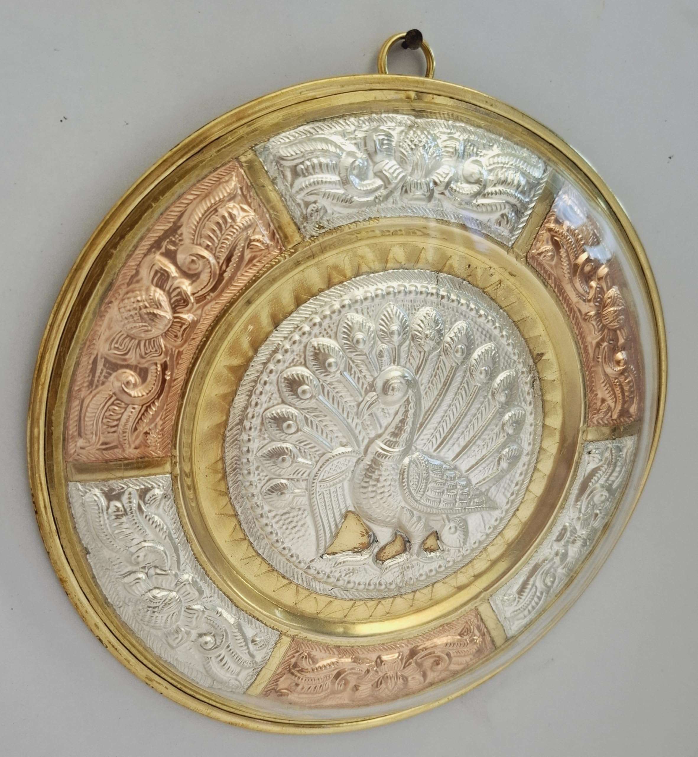 JLine Arts Peacock 7 Inches Thanjavur Art Plate, Pure Silver, Metal Art with Wall Hanging and Unbreakable Fibre Glass on The Front 4