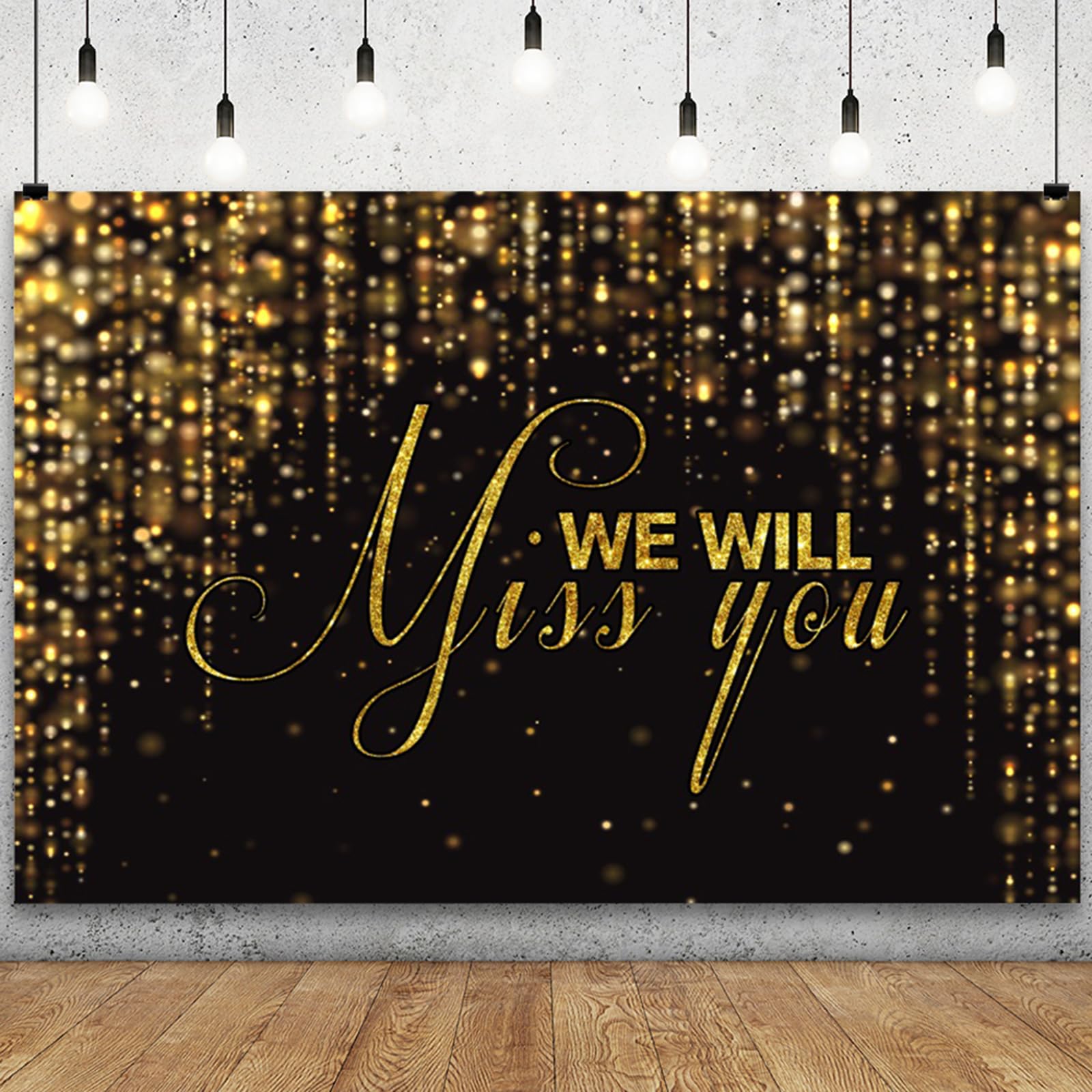 YongFoto Happy Retirement Backdrop 7x5ft We Will Miss You Black Gold Glitter Photography Background Going Away Goodbye Farewell Office Work Congrats Retirement Party Banner Portraits Photo Props