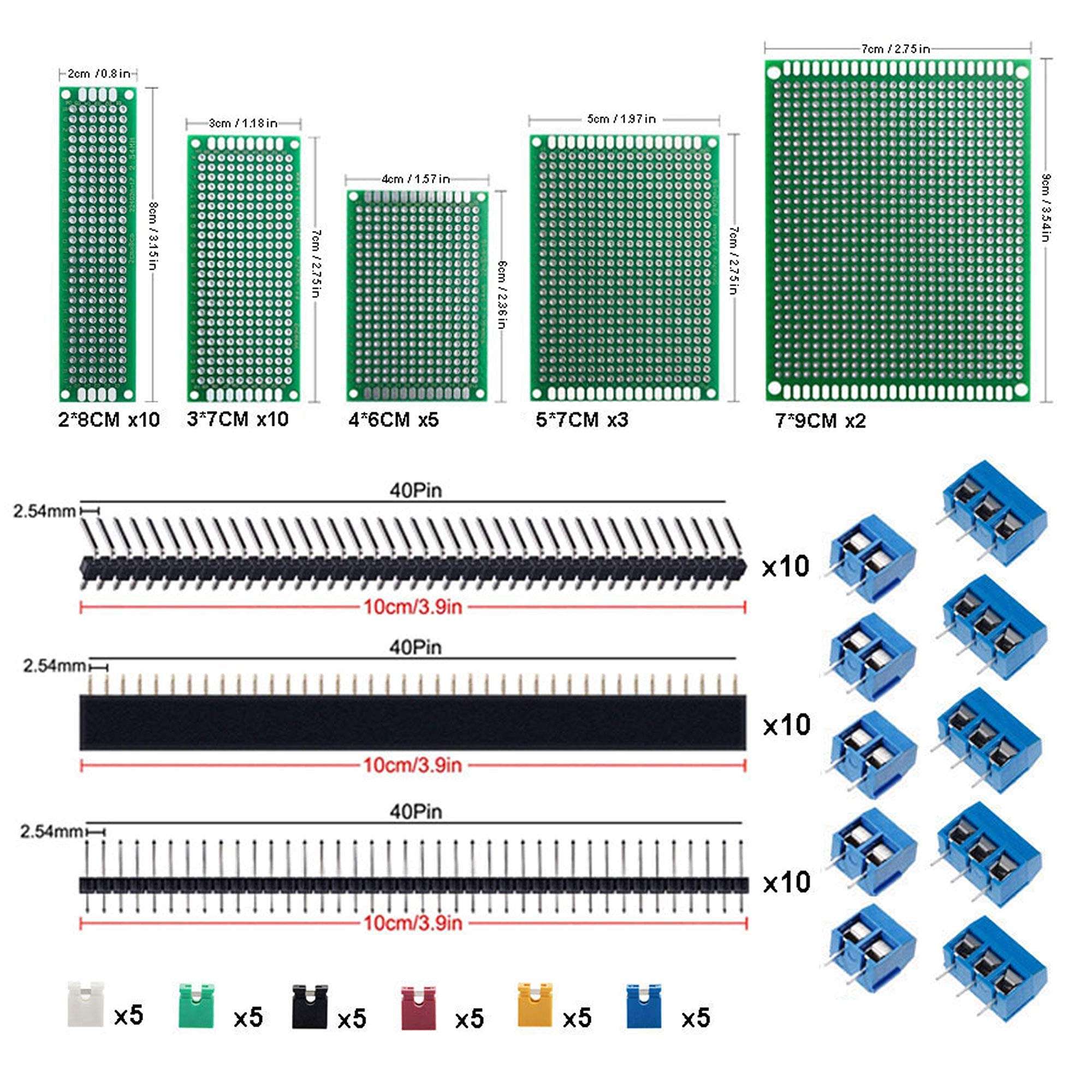 ALAMSCN 100PCS Double Sided PCB Board Kit Printed Circuit Prototype Boards 5 Sizes + 40 Pin 2.54mm Male Female Header Connector for DIY Electronic Project Experimental Development Plate 2