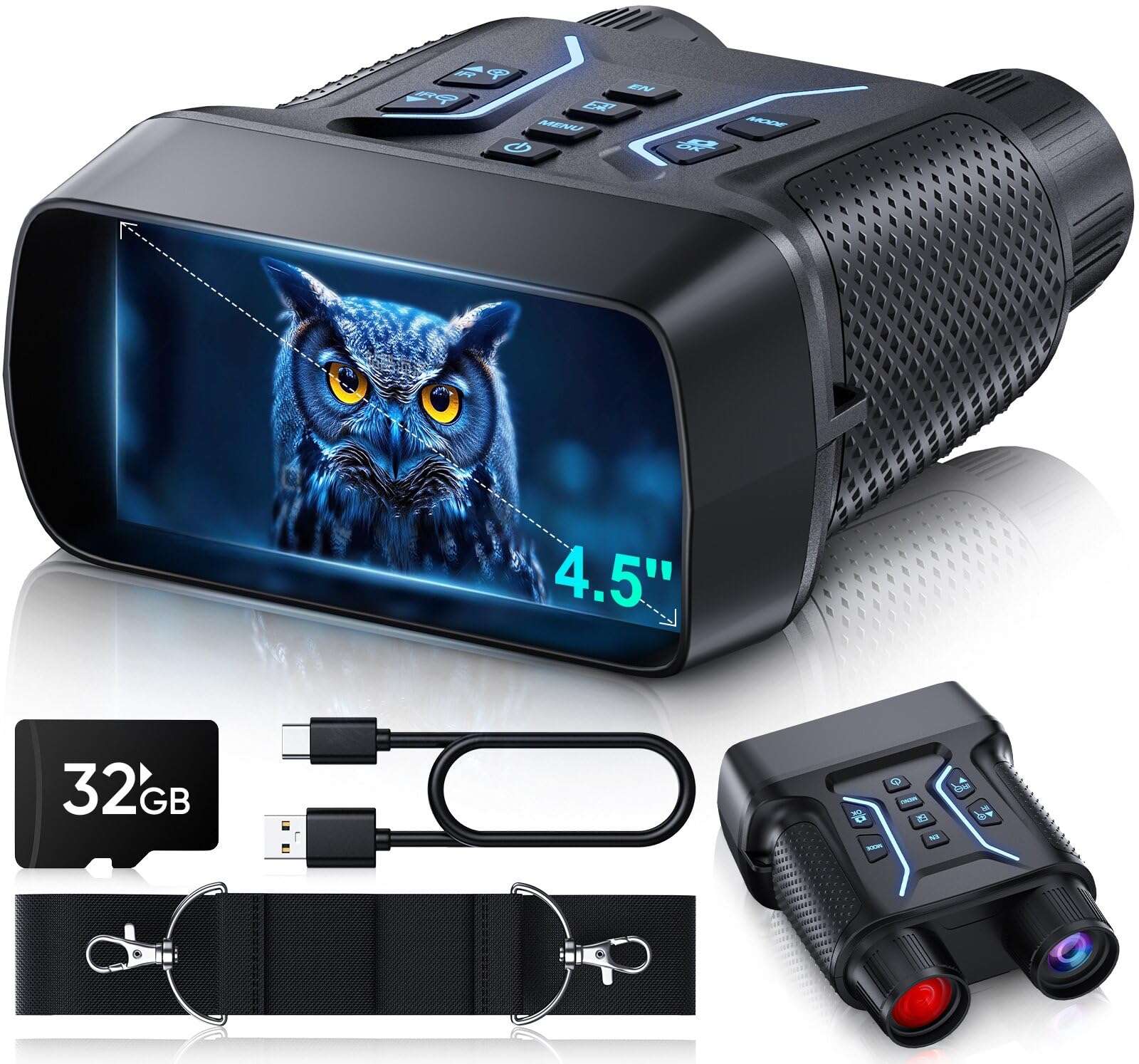 MoonFox Night Vision Goggles - 4K Night Vision Binoculars for Adults, 4.5'' HD Screen with 8X Digital Zoom, Includes 32GB TF Card to Save Photos and Videos, Ideal for Camping, Hunting & Security