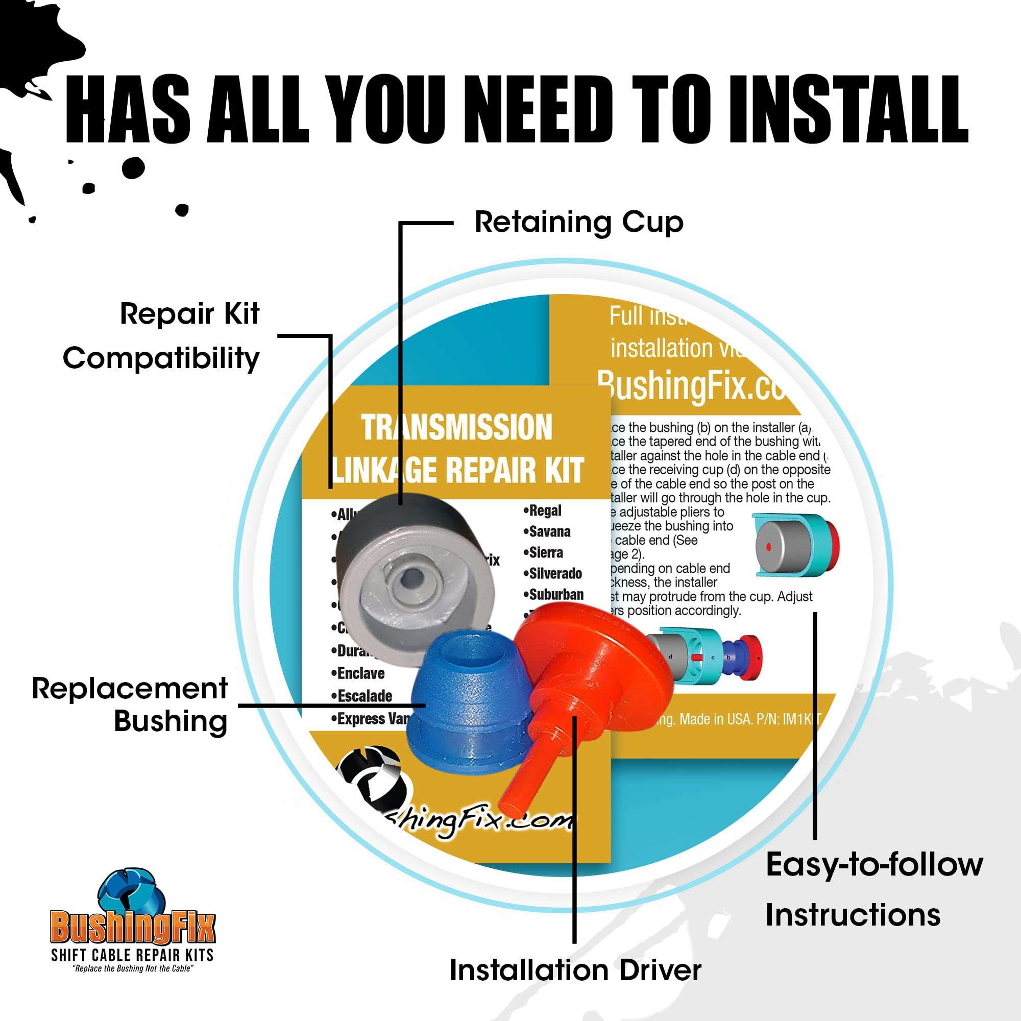 BushingFix IM1KIT1 - Transmission Shift Cable Bushing Repair Kit - Automatic Transmission Linkage Repair Kit, Transmission Repair Kit, Shifter Cable Bushing Fix, Shift Linkage Bushing Replacement 2