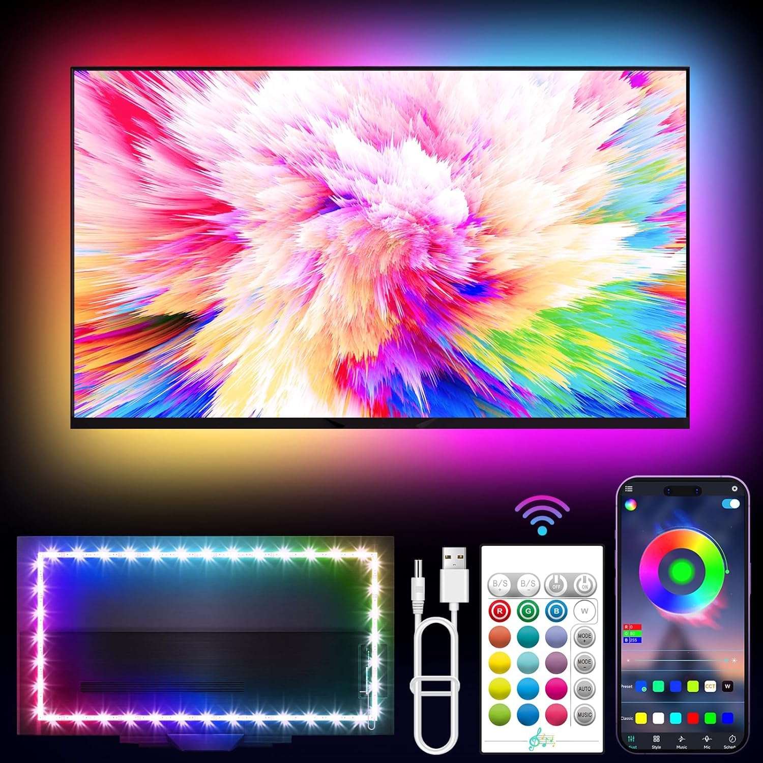 Gesto RGB LED Strip Light TV Backlight with App & Remote | 5V USB Powered Music Sync Light for 16-40" TV,PC,Laptop & Monitor | Multicolor Bias Lighting Kit for Gaming, Movies & Home Decor- 2 Meter 1