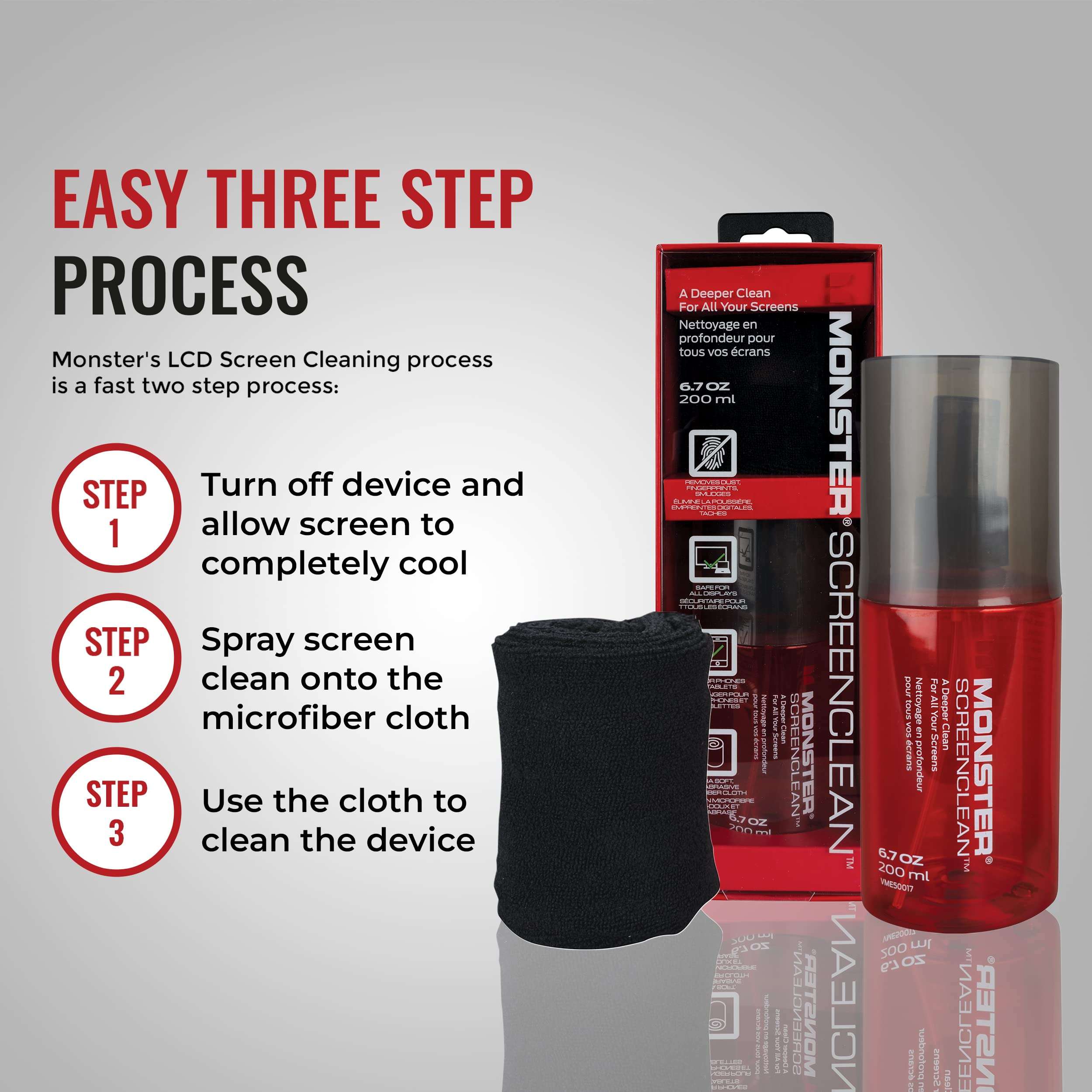 Monster 6.7 oz. Spray Screen Cleaner Kit with Microfiber Cloth for Electronic Devices – Ideal for LED, LCD, OLED, Smart TV, Computer Monitors, Laptops, iPad, and iPhone Screens 6