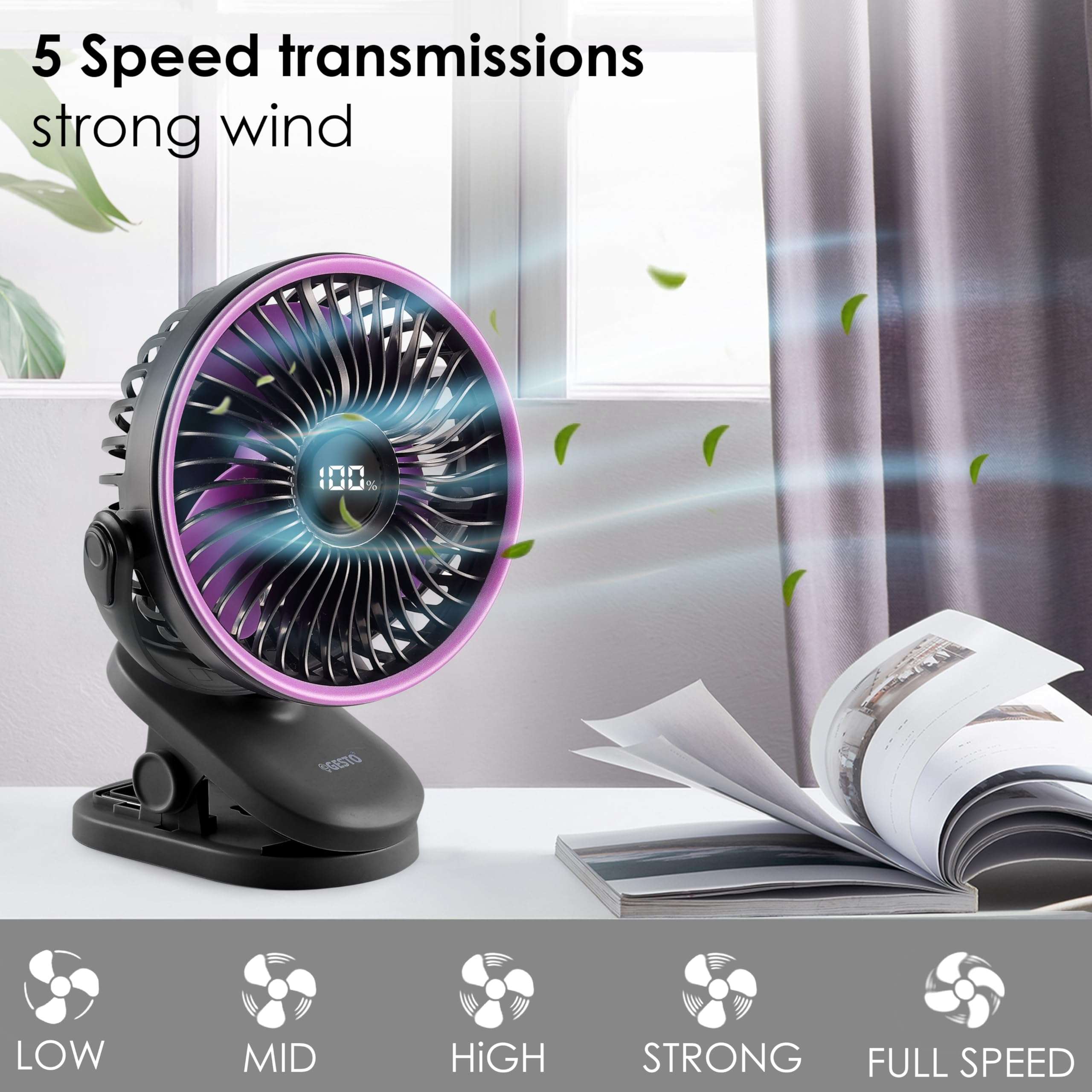 Gesto High Speed Rechargeable Clip-On Table Fan with Digital Display – 360° Moving USB Charging Fan for Home,Kitchen,Baby Stroller | 2000mAh Battery,5 Speed Modes,Portable Battery Operated Fan -Black 4