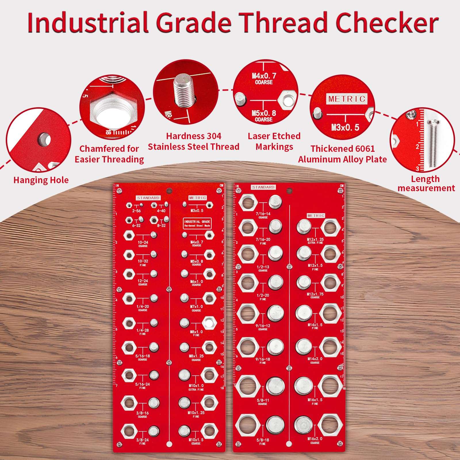 Thread Checker, 2-in-1 Nut and Bolt Thread Checker, 38 Bolt Size and Thread Gauge, 17 Metric & 21 Standard Sizes Bolt and Nut Identifier Gauge, Thread Checker with Inch and Centimeter Ruler (Red) 3
