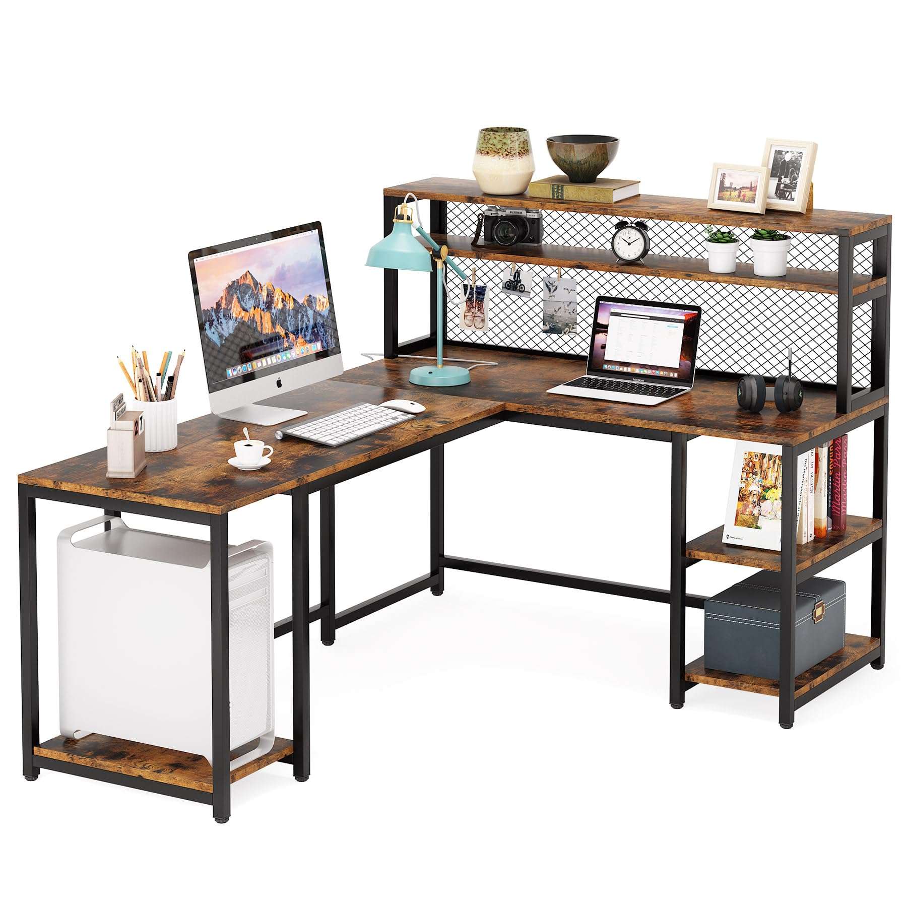 Tribesigns 67" L-Shaped Desk with Hutch, Industrial Computer Corner Desk with Storage Shelves, Large Study Writing Table Workstation for Home Office, Rustic Brown 1