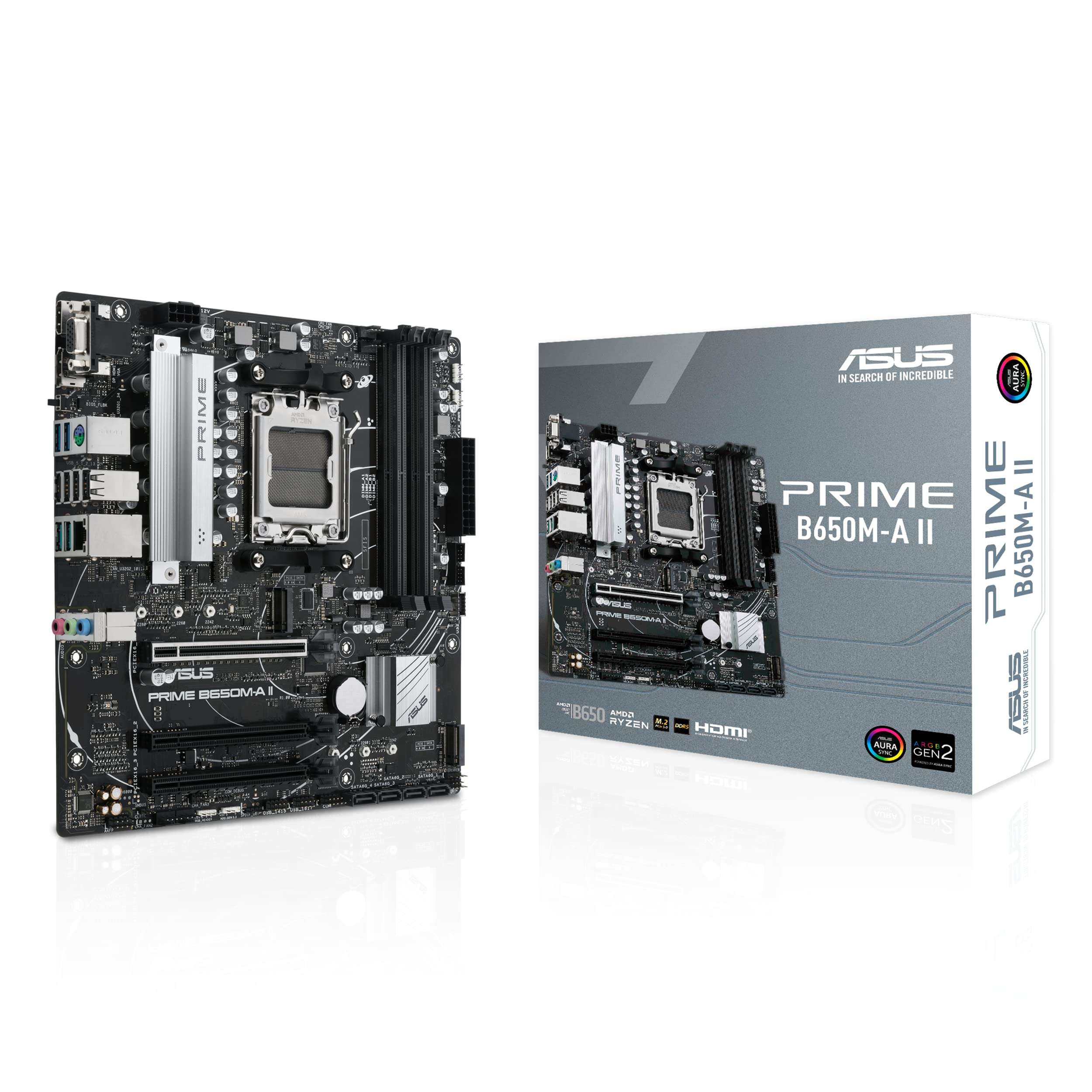 ASUS PRIME-B650M-A-II AMD AM5 Micro-ATX Motherboard for Ryzen 7000 Series Desktop Processors with DDR5, PCIe 5.0 M.2, 2.5Gb Ethernet, DisplayPort, HDMI, VGA, Front USB 3.2 Gen 1 Type-C, & Arua Sync 1