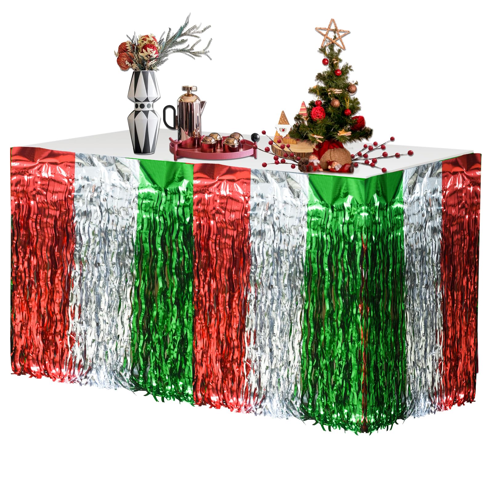 4PCS Christmas Table Skirt, Wavy Metallic Tinsel Foil Fringe Table Skirt Red White and Green Shiny Table Skirt Disposable Xmas Table Skirt Christmas Party Supplies Table Decorations 30 X 108 Inch
