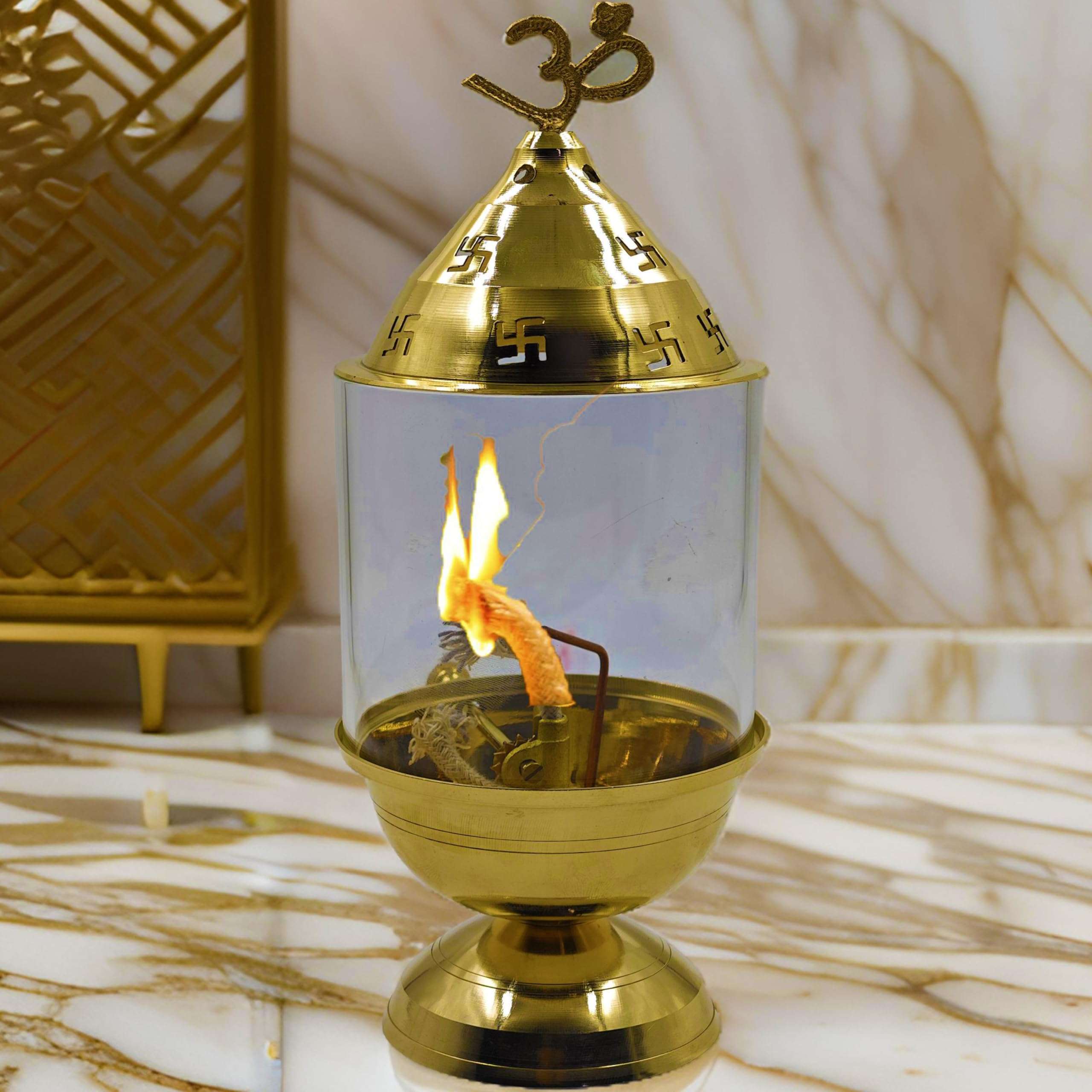 Ein Sof Akhand Diya for Pooja with Adjustable Bati (9 inches)- Large Size Brass Diyas with Wick Lifting Screw Lever & Borosilicate Glass Cover for Home Decoration , Puja & Gifting (150ml , 48 Hour) 3