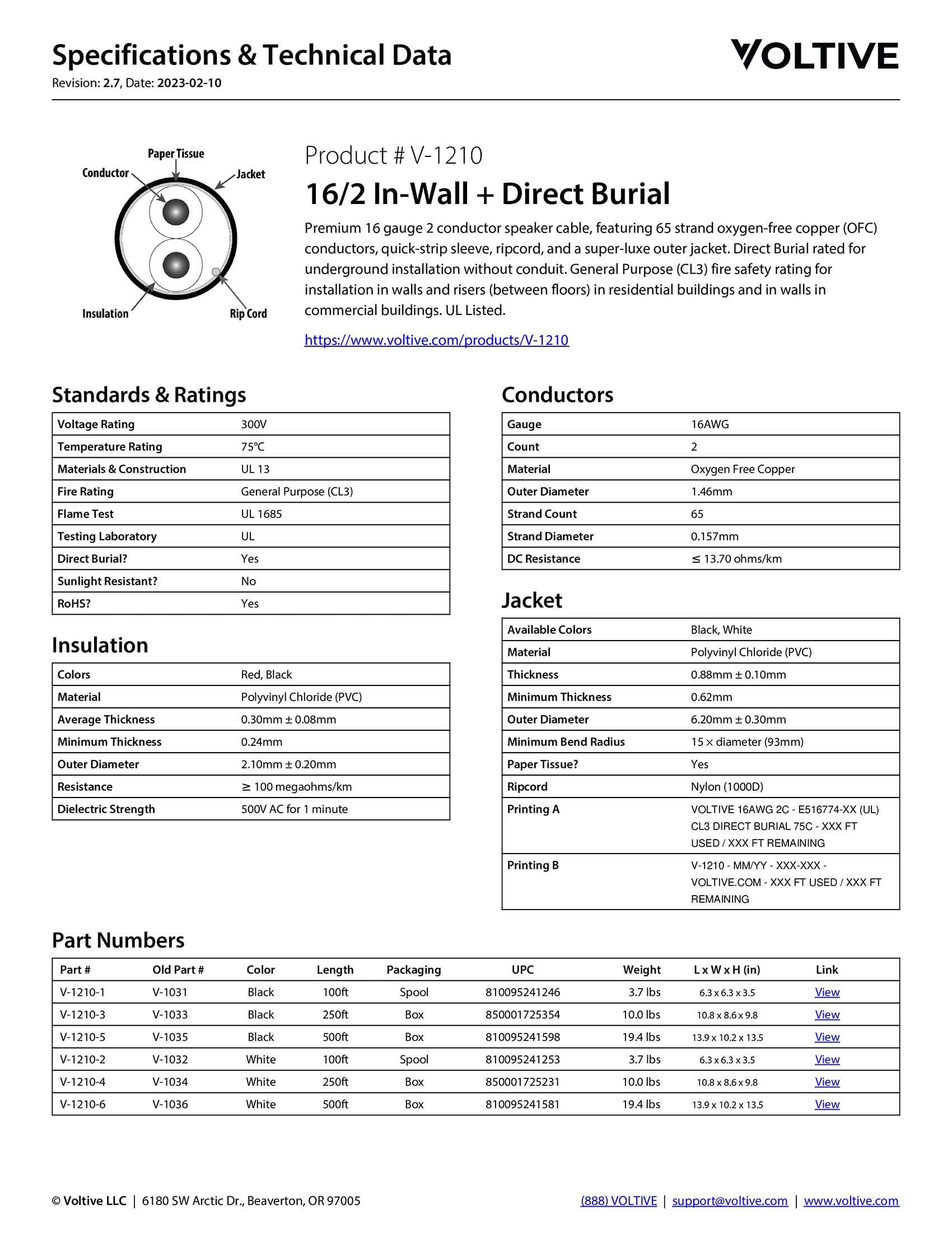 Voltive 16/2 Speaker Wire - 16 AWG/Gauge 2 Conductor - UL Listed in Wall (CL2/CL3) and Outdoor/In Ground (Direct Burial) Rated - Oxygen-Free Copper (OFC) - 250 Foot Bulk Cable Pull Box - Black 6